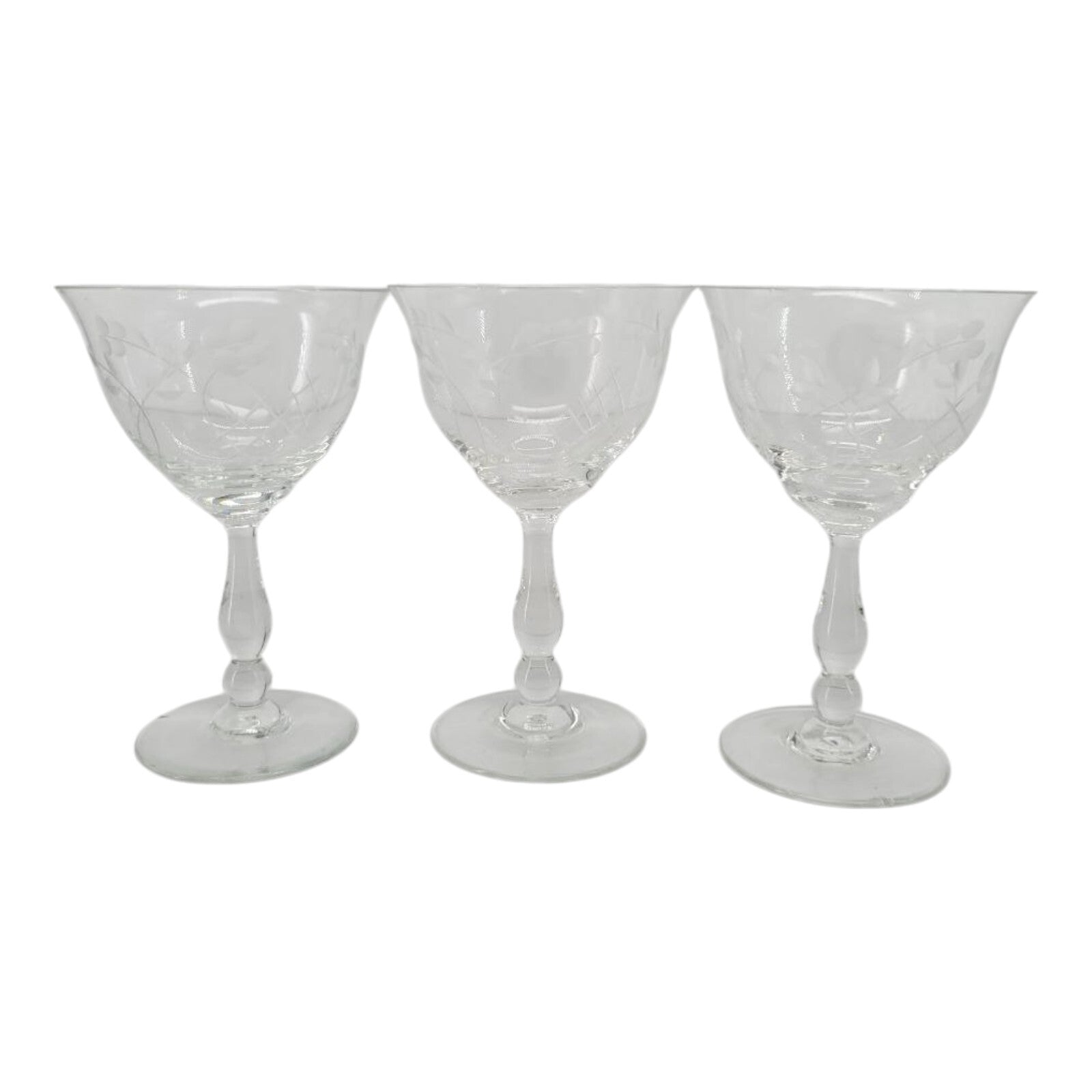 Vintage Etched Crystal Cordial Glasses Set of 3 Floral 4.75" Stemware