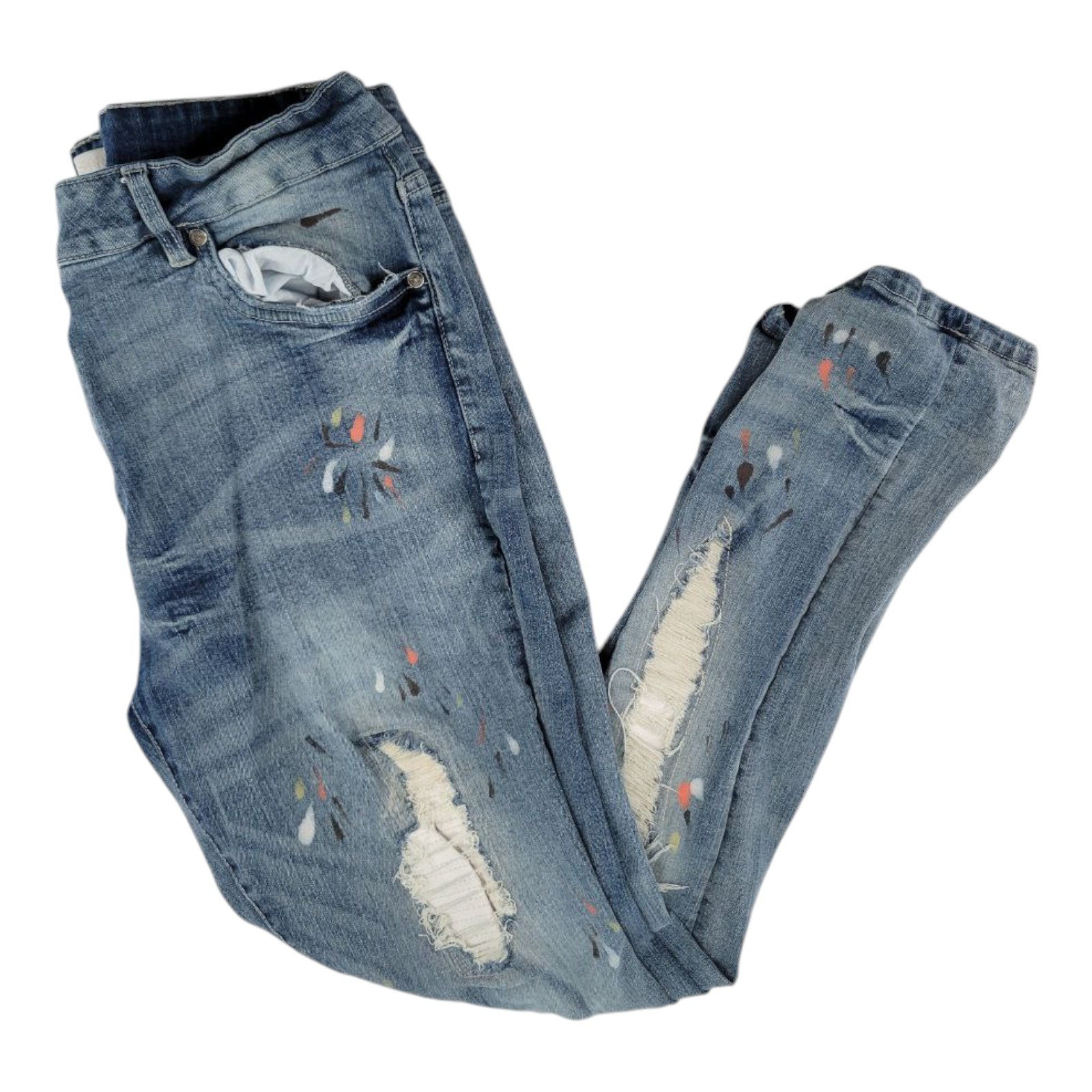 GS-115 Mens Paint Splatter Distressed Slim Fit Blue Denim Jeans Size 38