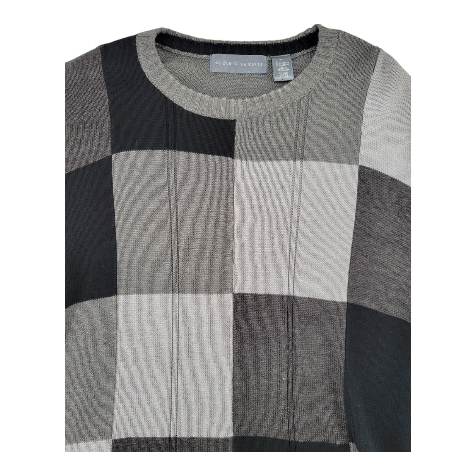Oscar de la Renta Color Block Knit Sweater Gray Black Crewneck Pullover XL