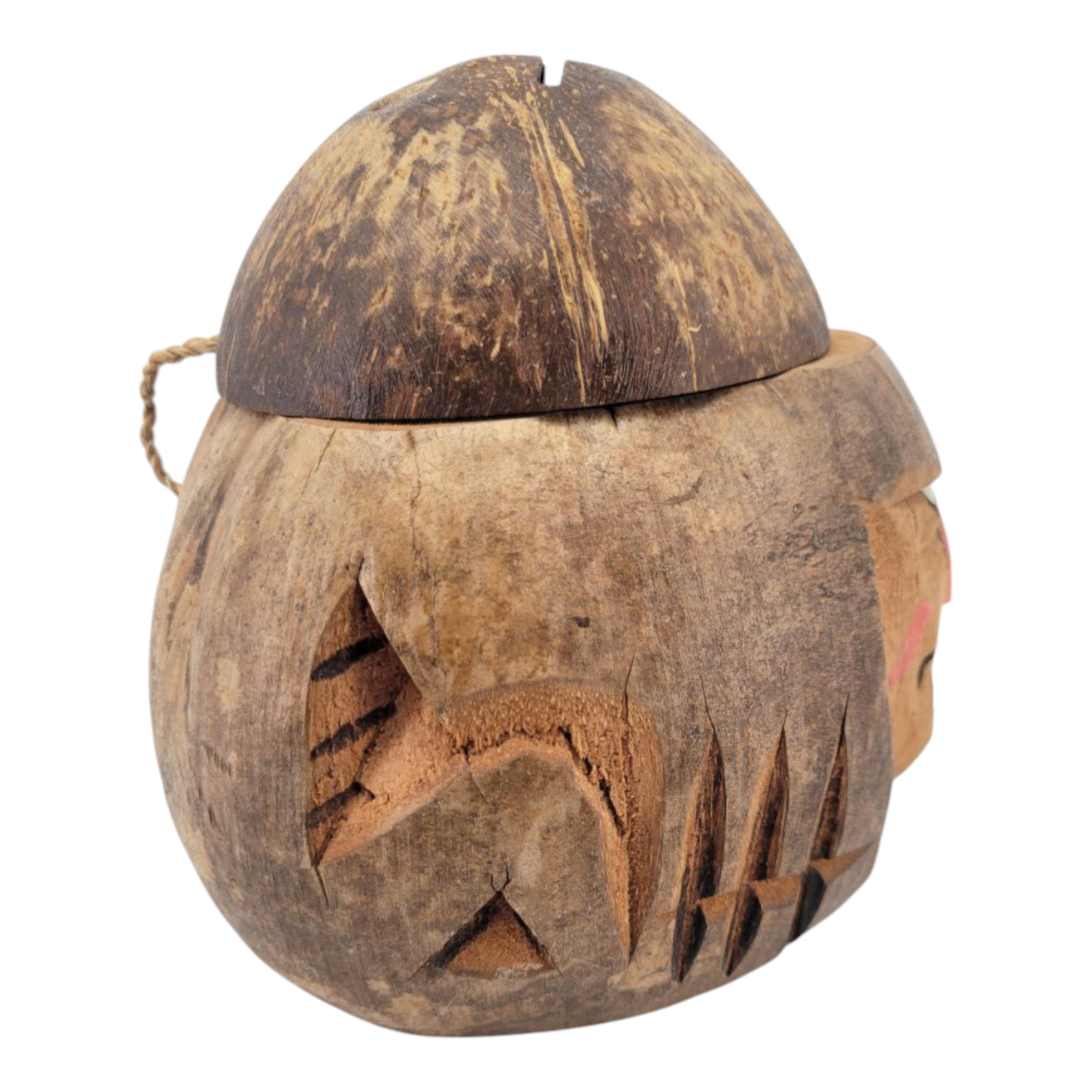 Vintage Hand Carved Coconut Shell Souvenir Pirate Coin Bank