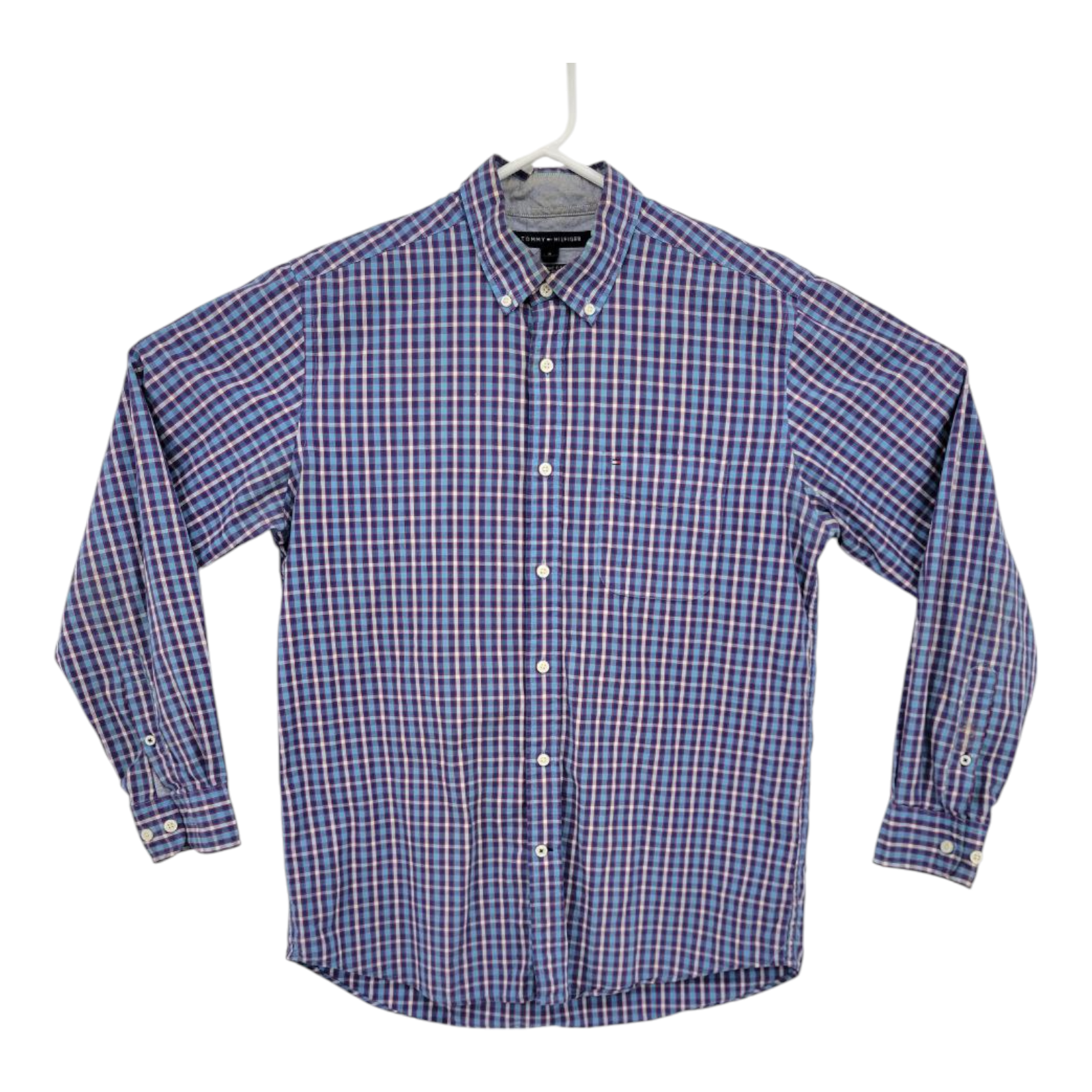 Tommy Hilfiger Shirt Mens Long Sleeve Blue Classic Plaid Button Size M
