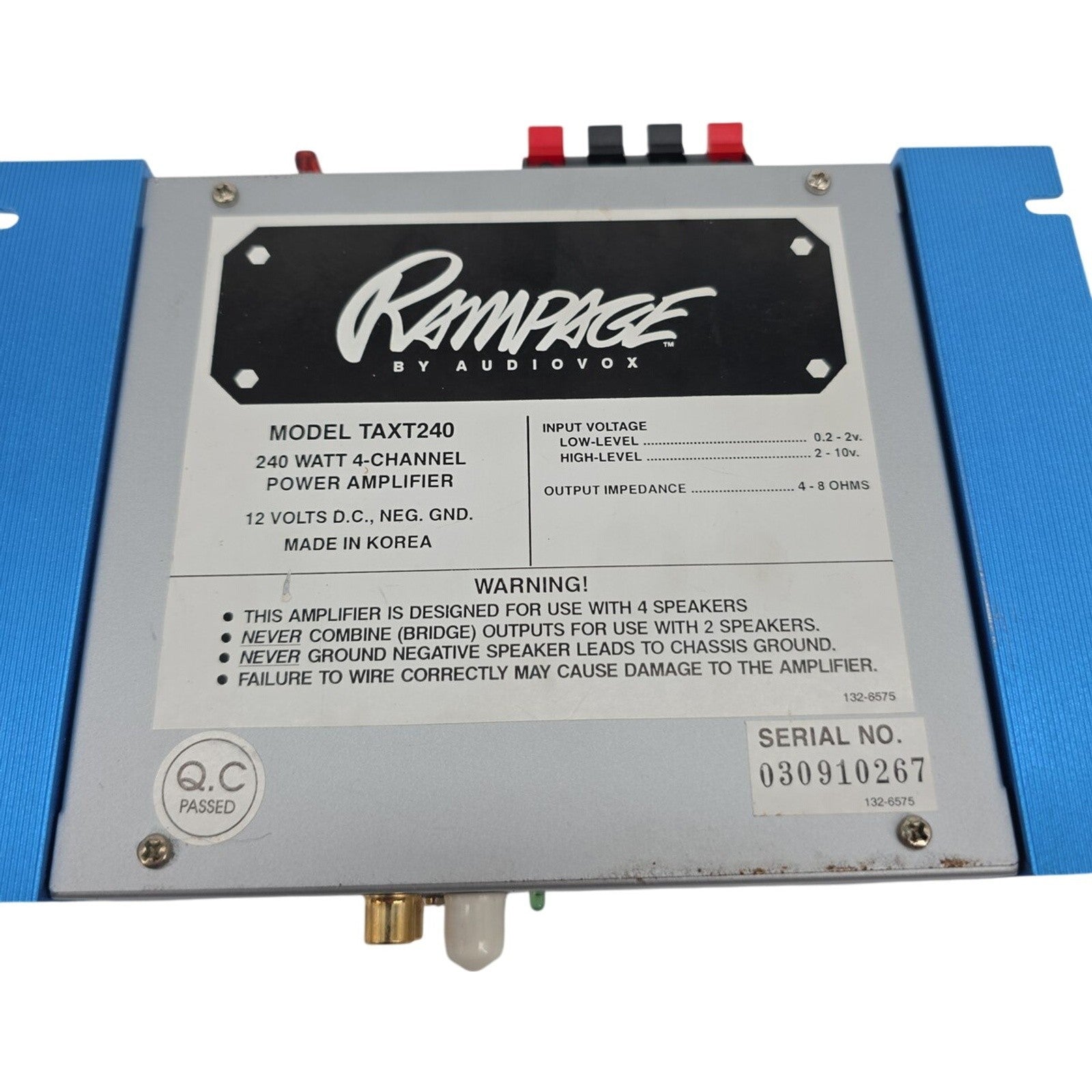 Rampage by Audiovox TAXT240 240W 4-Channel Car Power Amplifier Tested & Working