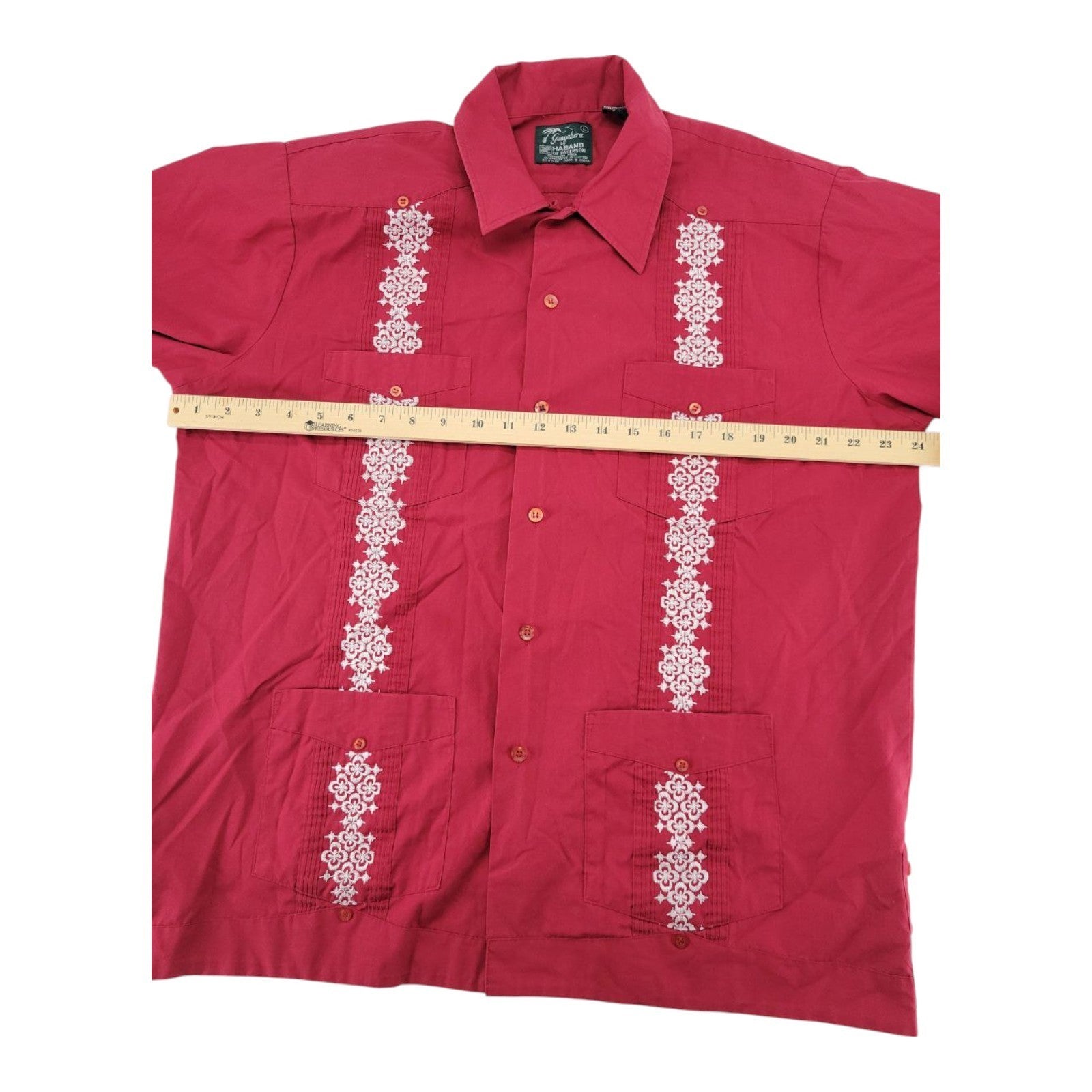 Guayabera by Haband Red Embroidered Short Sleeve Shirt Size L Cuba Style