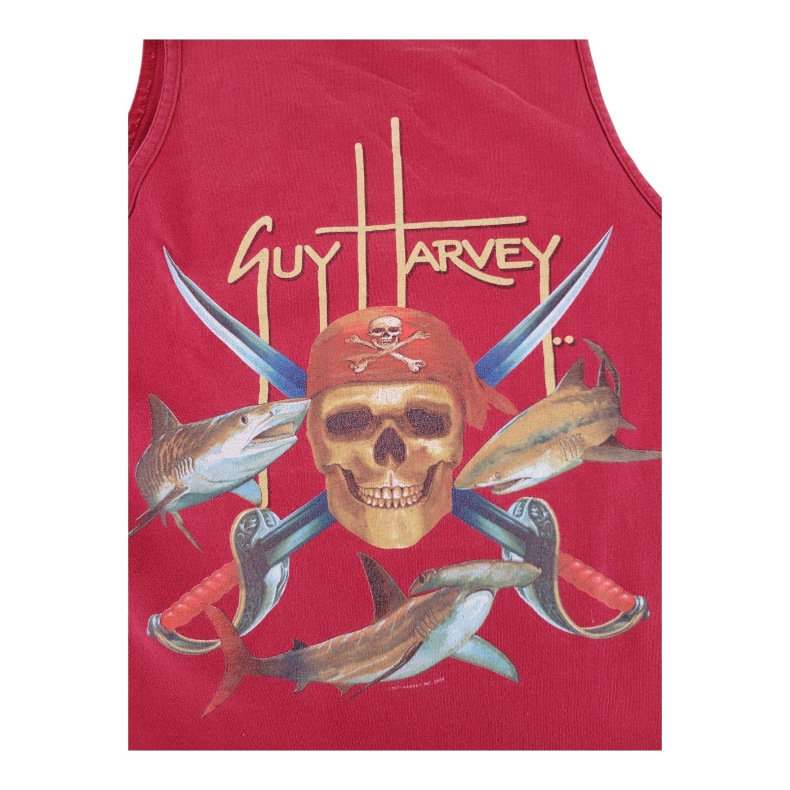 Guy Harvey Red Tank Top Size L Pirate Skull Sharks Graphic 2008