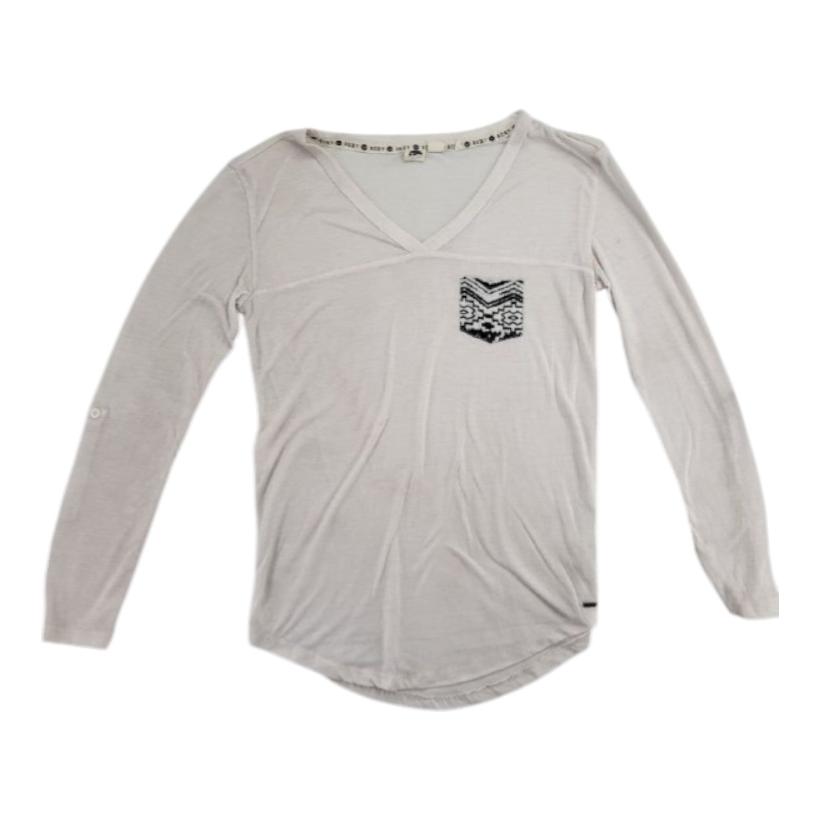 Roxy Women's Off-White Sheer V-Neck Long Sleeve Tee Aztec Pocket Size S