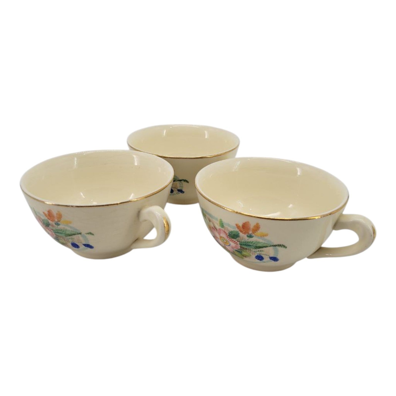 Vintage Floral Ivory Ceramic Teacups Set of 3 with Gold Rim Hand Painted