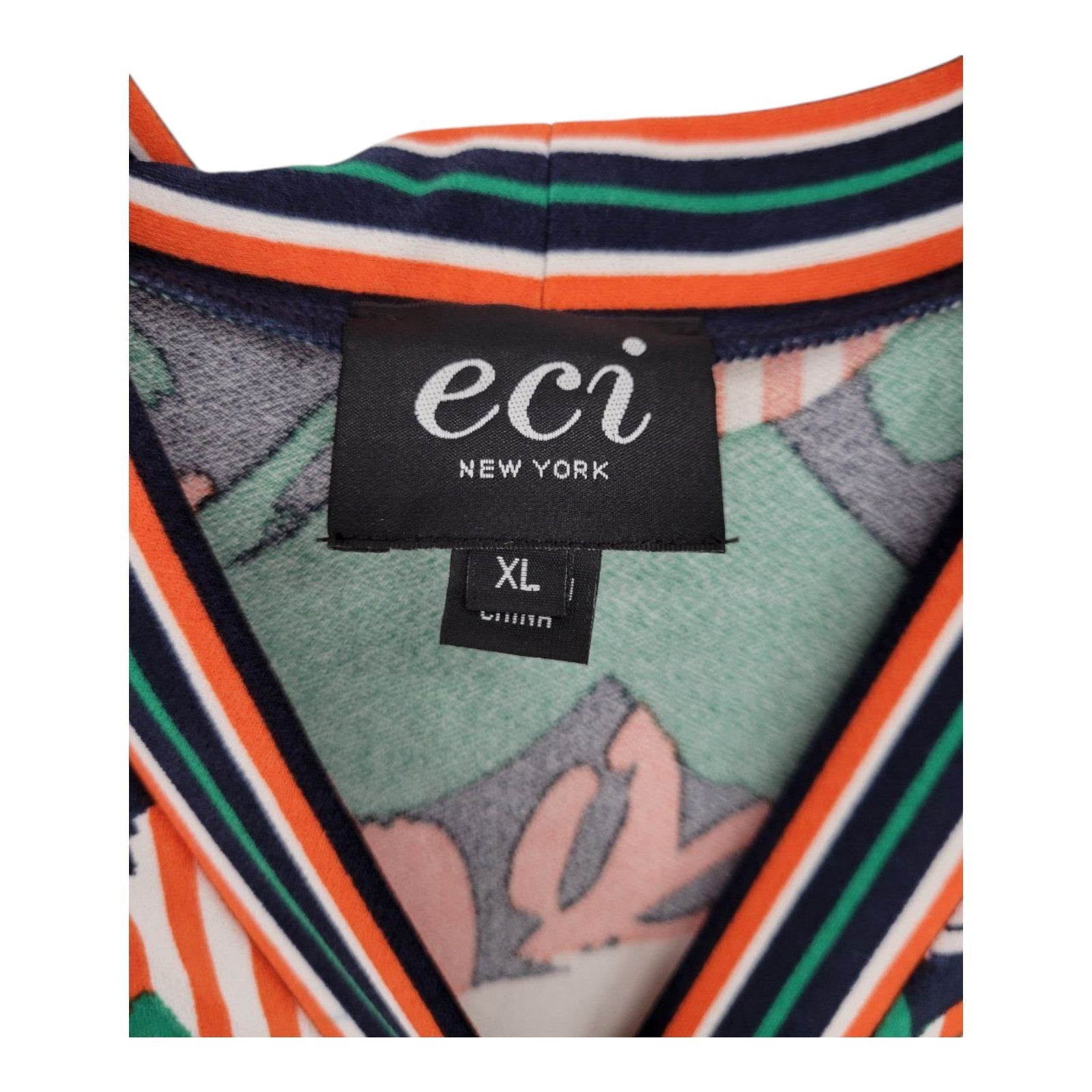 ECI New York Womens Wrap Dress Navy Orange Green Floral Stripe Stretch XL
