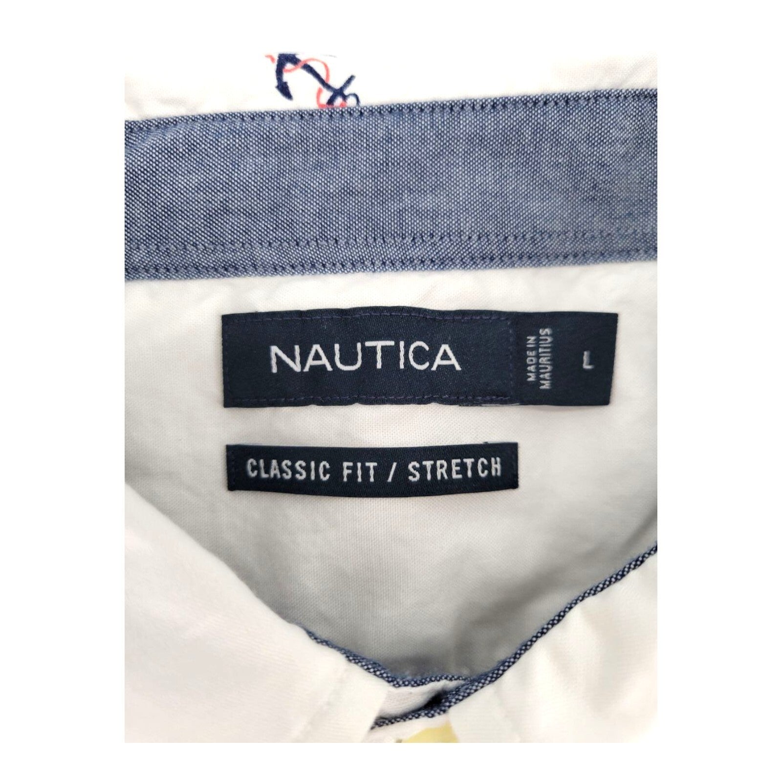 Nautica Classic Fit Stretch Anchor Print Button Up Shirt White Size Large