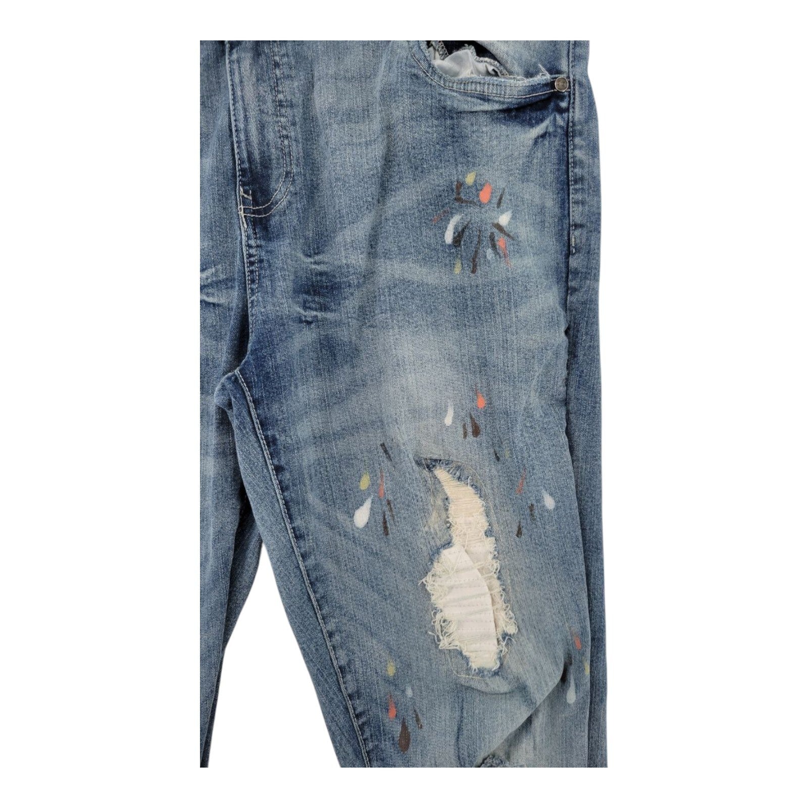 GS-115 Mens Paint Splatter Distressed Slim Fit Blue Denim Jeans Size 38