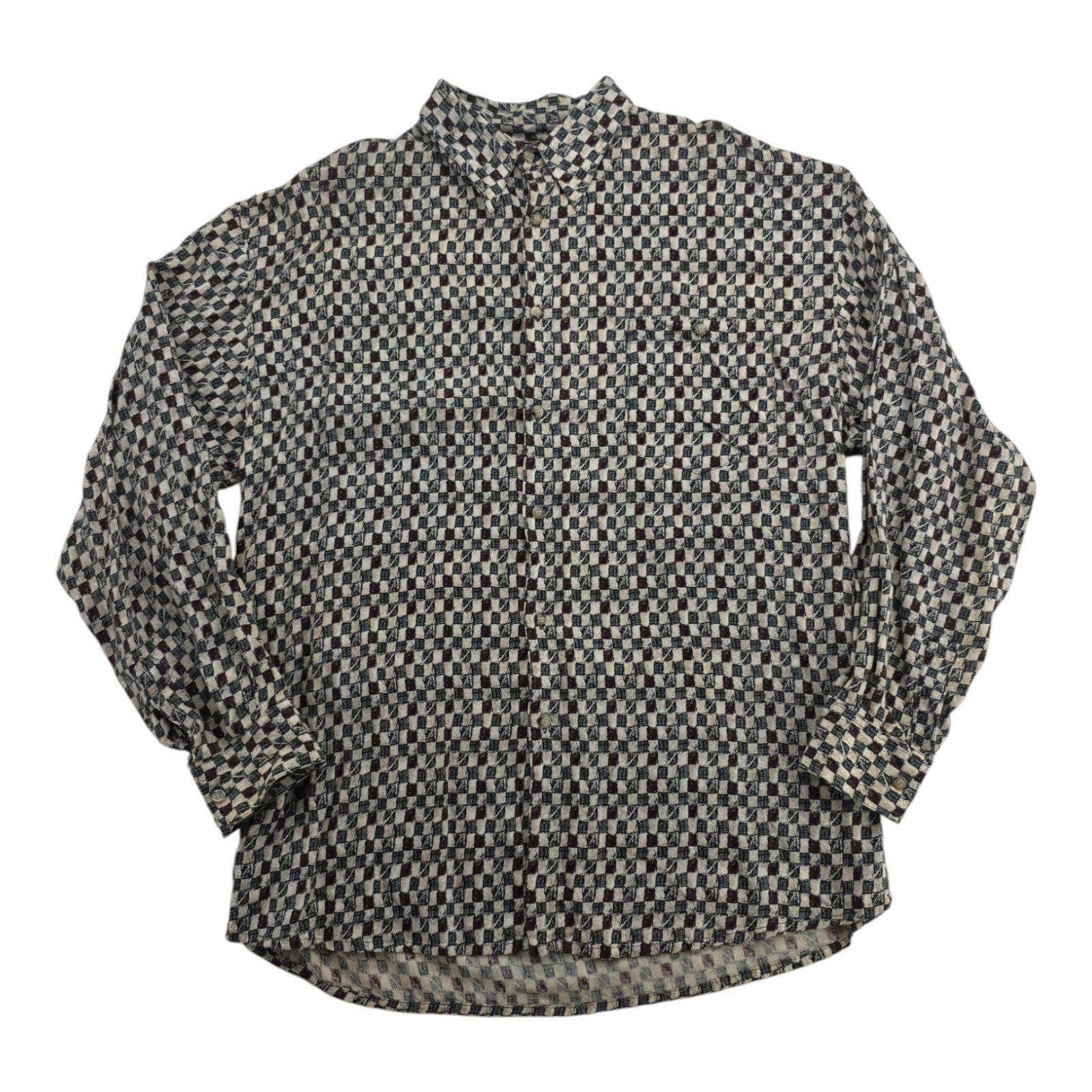 Damante Geometric Checkerboard Button-Up Shirt Rayon Long Sleeve Men’s L