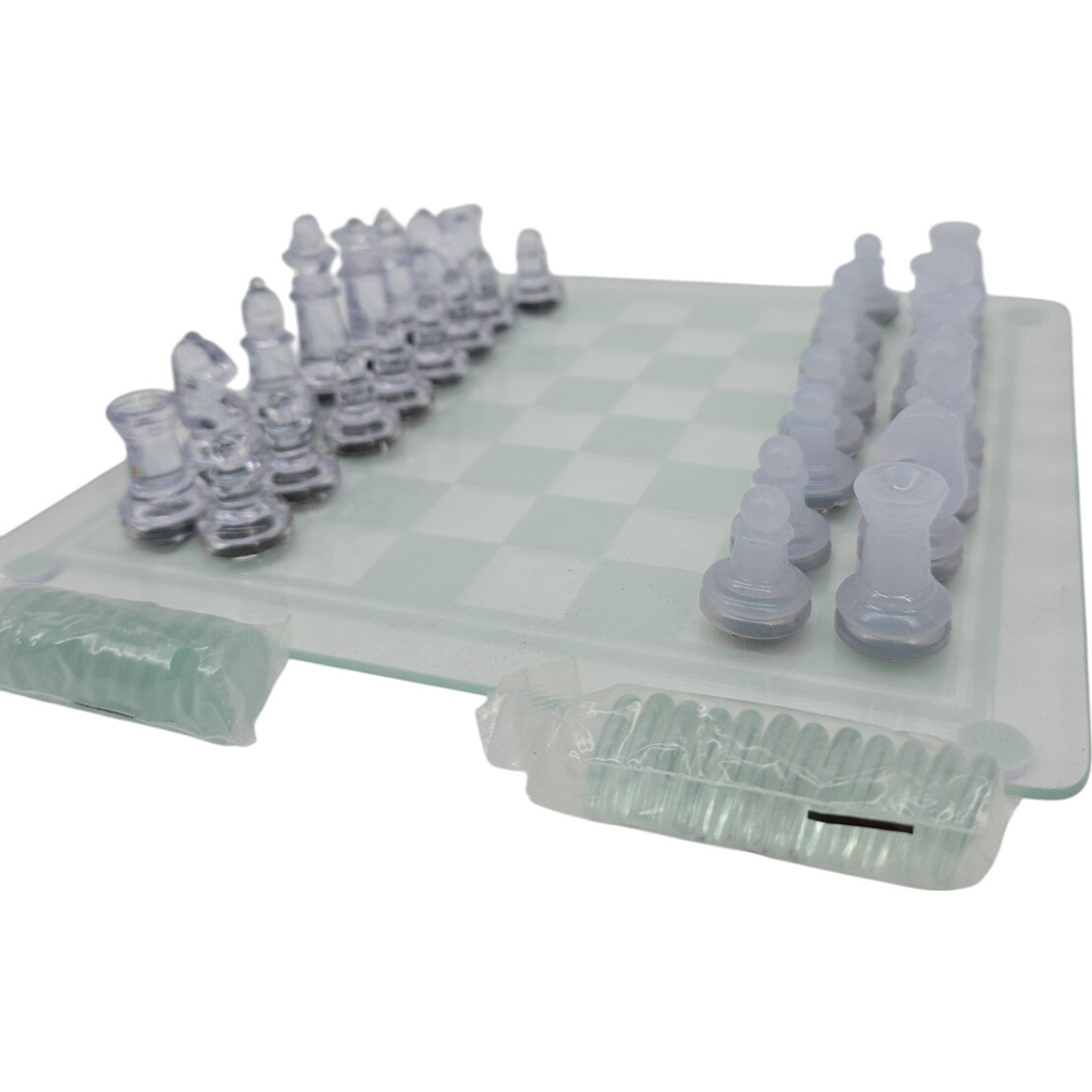 Glass Chess & Checkers Set Clear and Frosted Piece Game Board with Instruction
