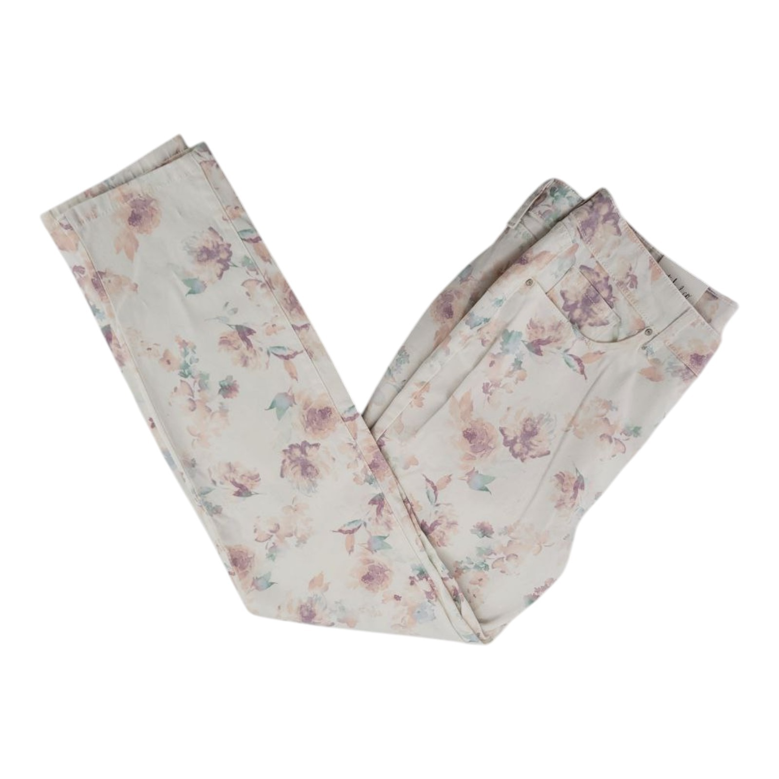 Style & Co Women's Curvy Skinny Jeans 12 Cream Floral Mid Rise Tummy Control