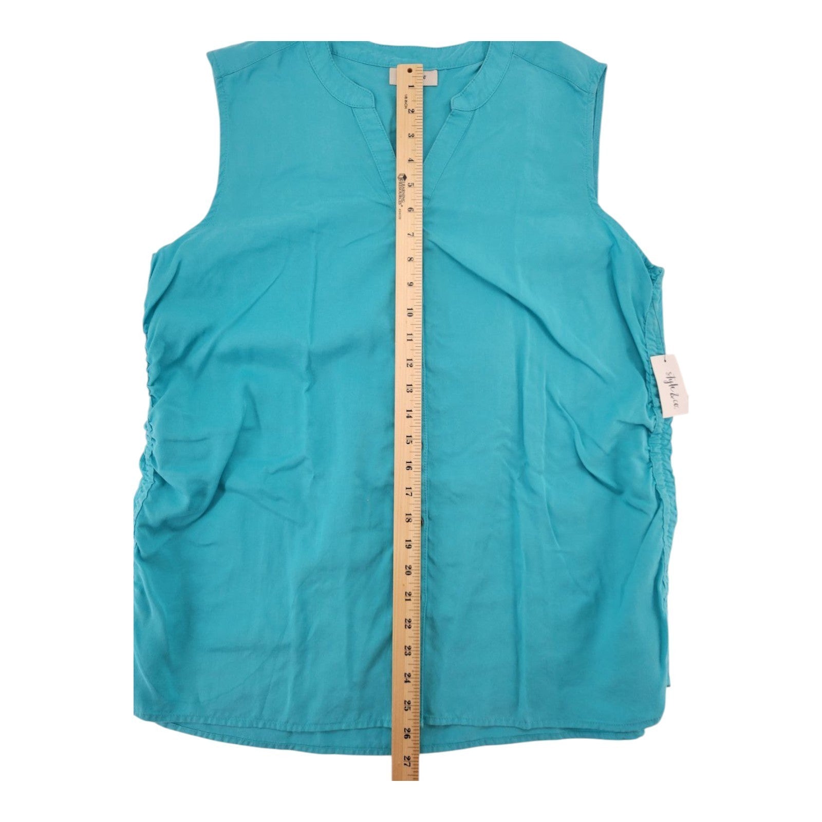 Style & Co Women's Sleeveless Button Top L Blue Ruched Side Blouse