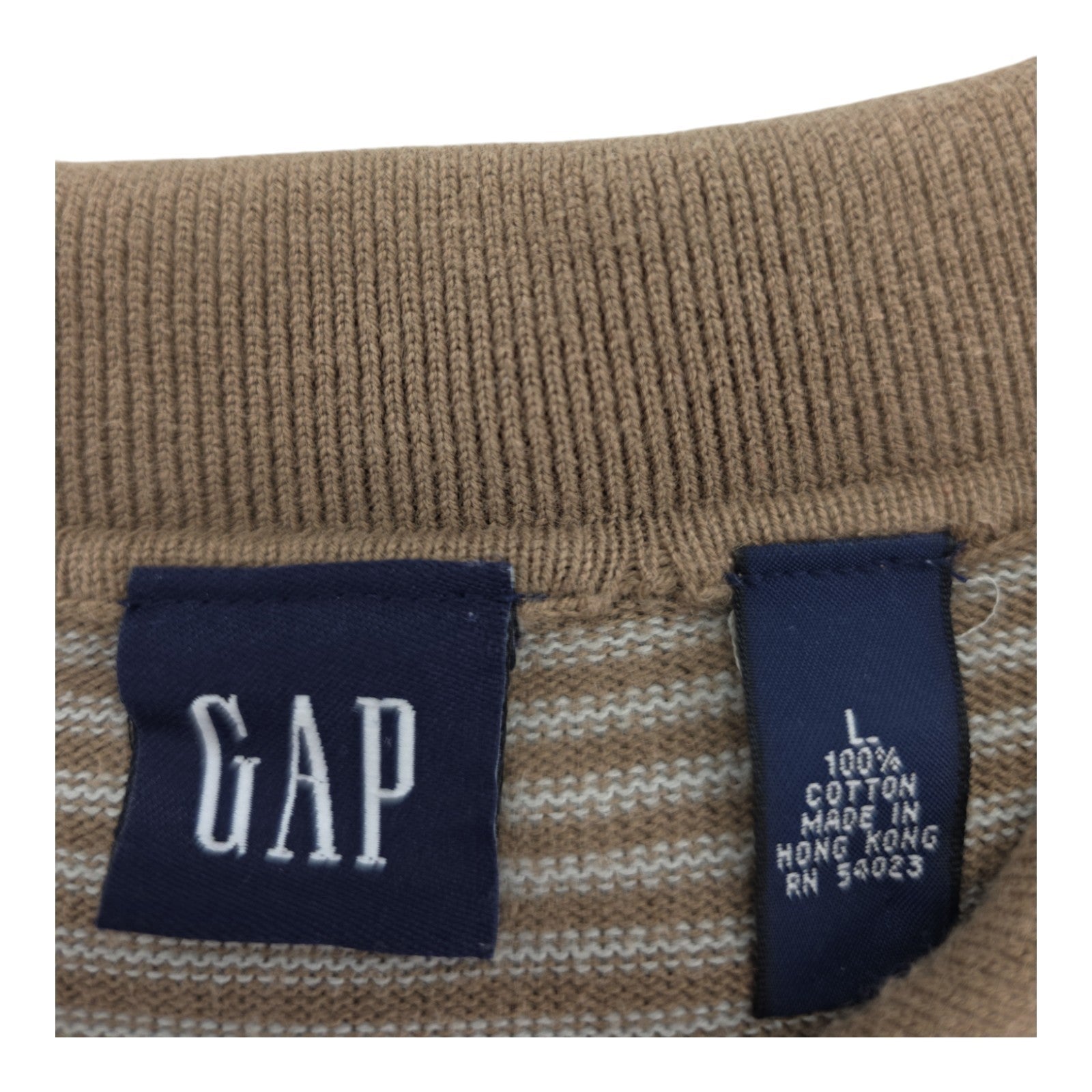 GAP Men’s L Brown Beige Striped Knit Polo Shirt Short Sleeve 100% Cotton