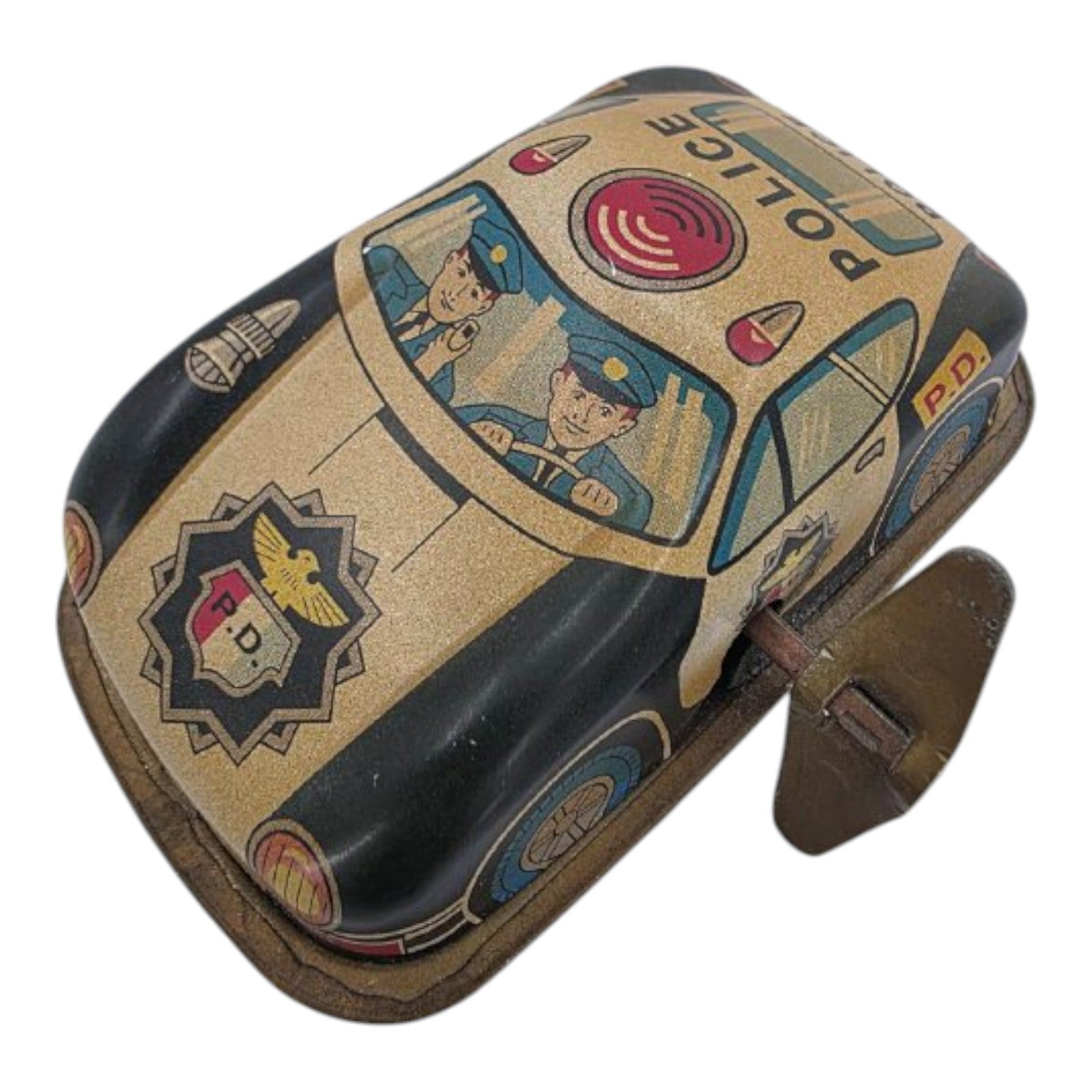 Vintage Russ Berrie Tin Lithograph Wind Up Police Car 16245 Working Condition
