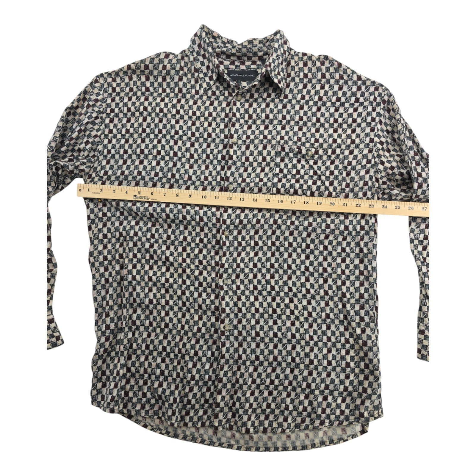 Damante Geometric Checkerboard Button-Up Shirt Rayon Long Sleeve Men’s L