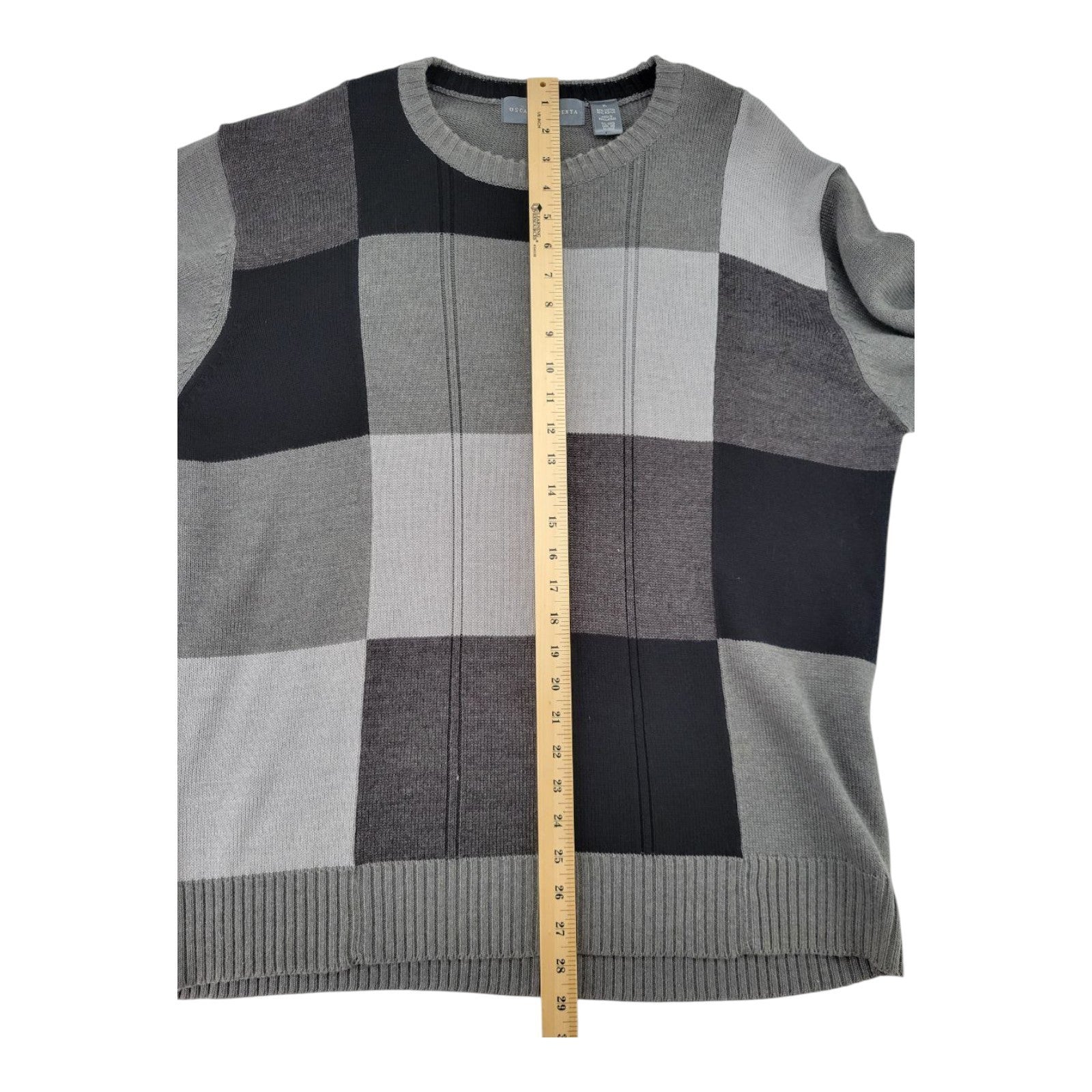 Oscar de la Renta Color Block Knit Sweater Gray Black Crewneck Pullover XL