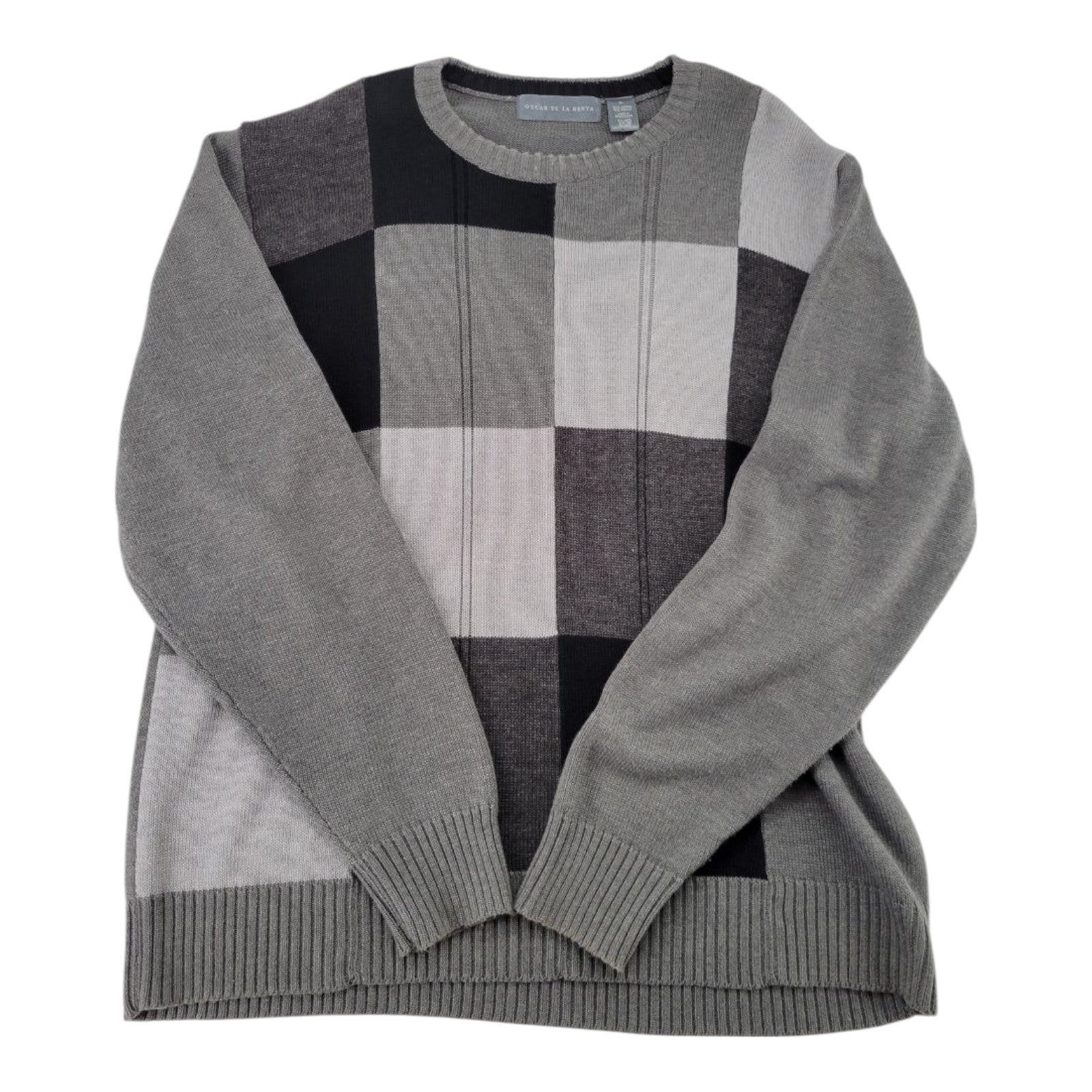 Oscar de la Renta Color Block Knit Sweater Gray Black Crewneck Pullover XL