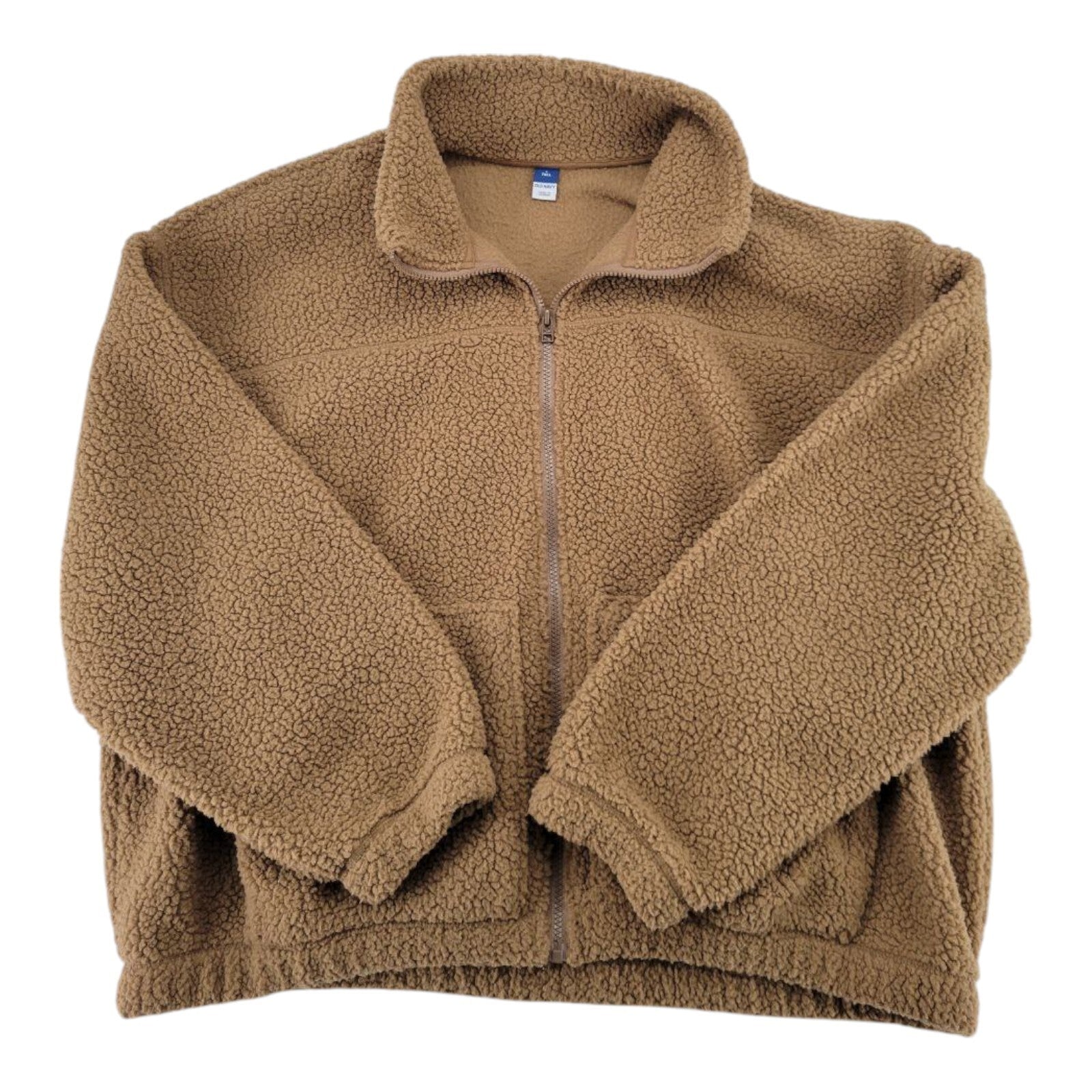 Old Navy Brown Sherpa Mens Fleece Jacket Full Zip Mock Neck Pockets Size L Tall