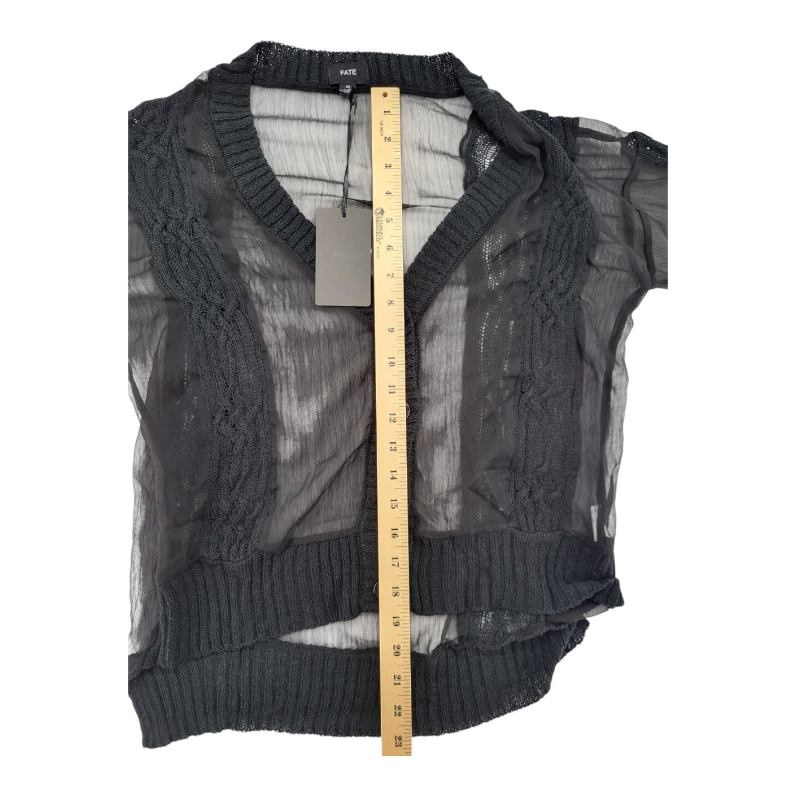 FATE Women's Sheer Black Knit Cardigan Sweater M Button Front Long Sleeve