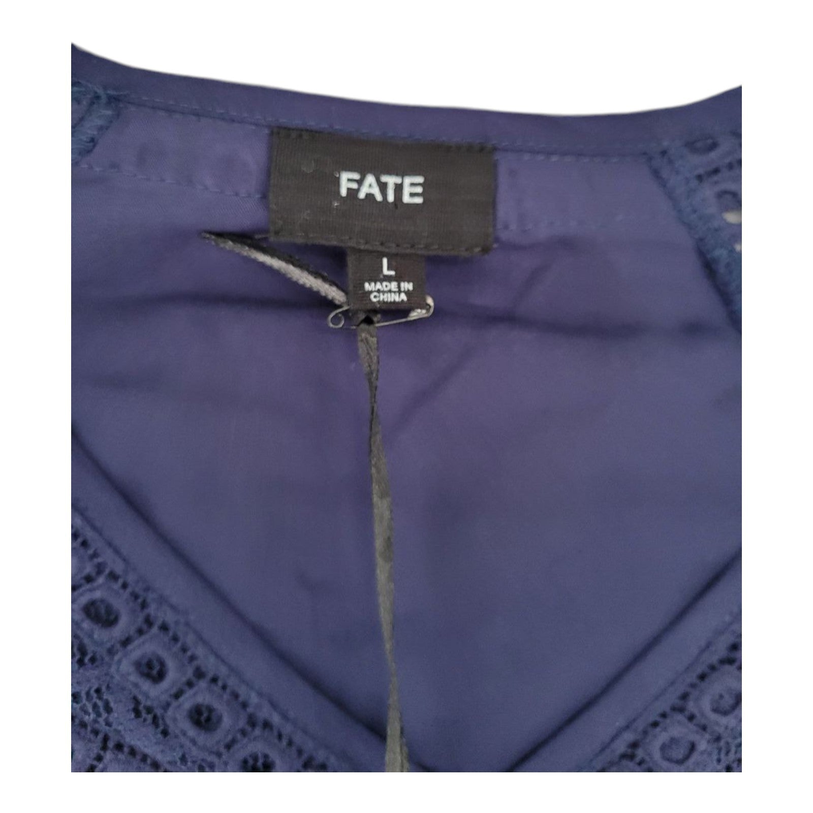 FATE Women's Navy Blouse Large 3/4 Sleeve Top Crochet Lace Trim