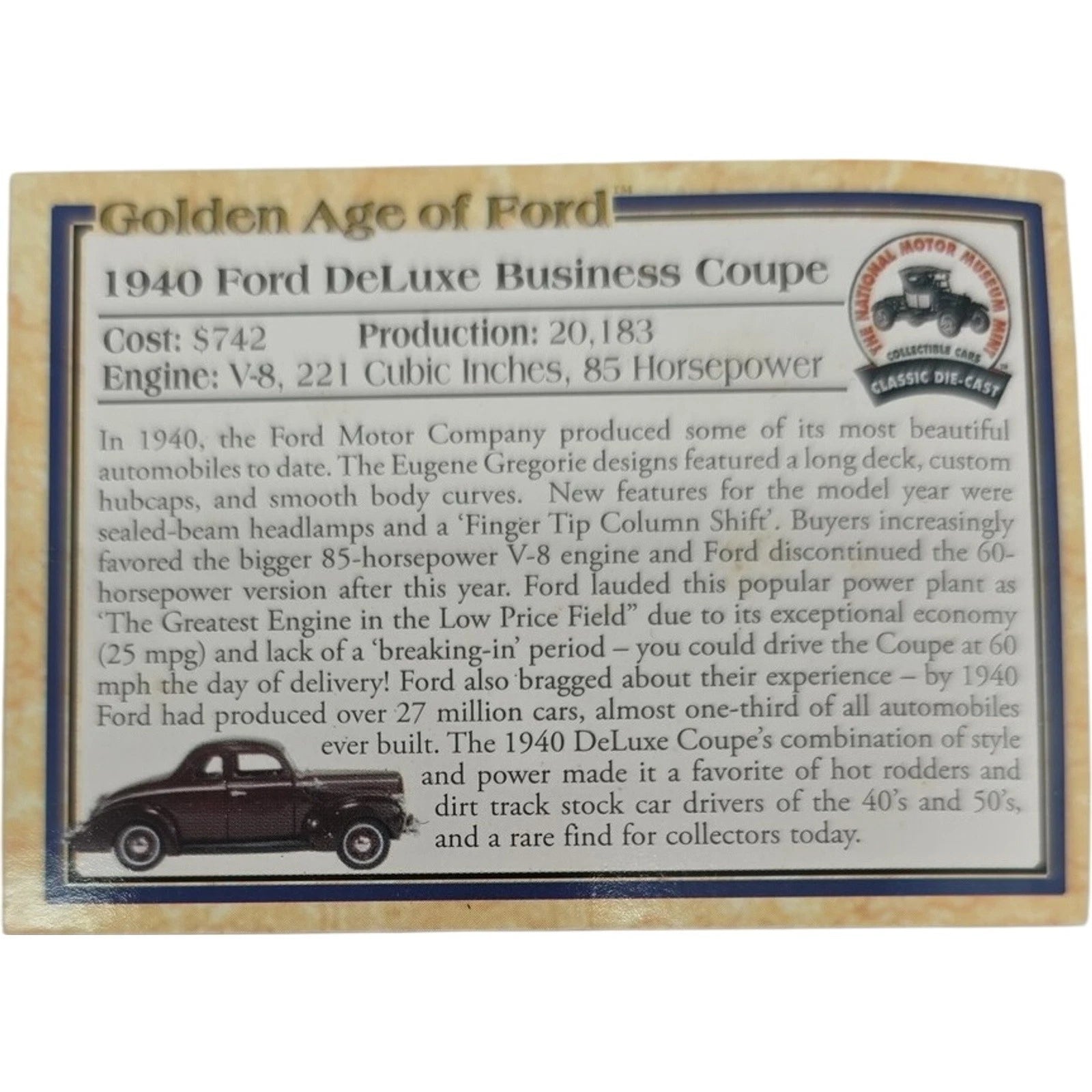 1940 Ford Deluxe Business Coupe National Motor Mint Model V8