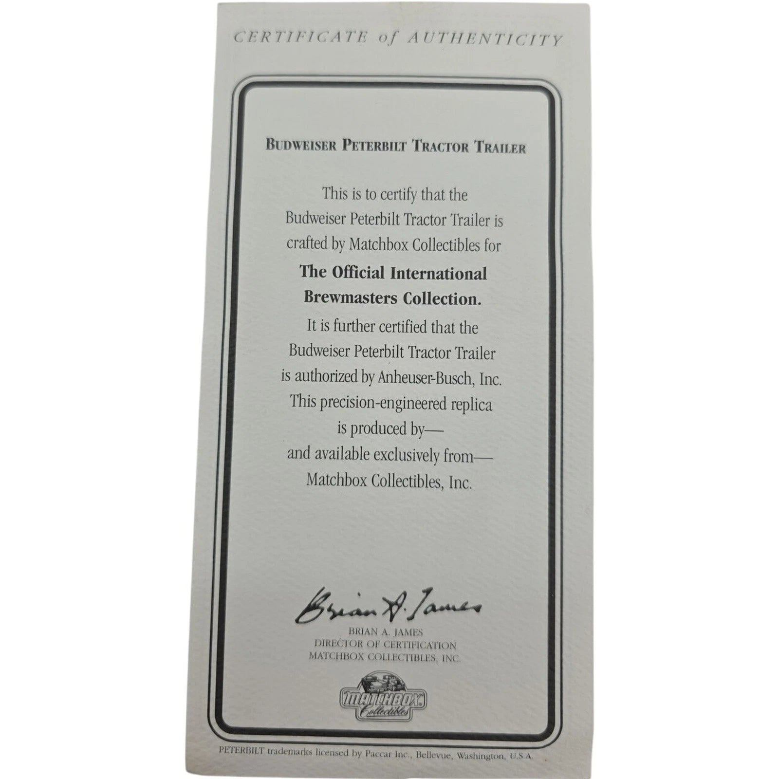 Matchbox Collectibles Budweiser Peterbilt Tractor Trailer Die-Cast with COA 1998