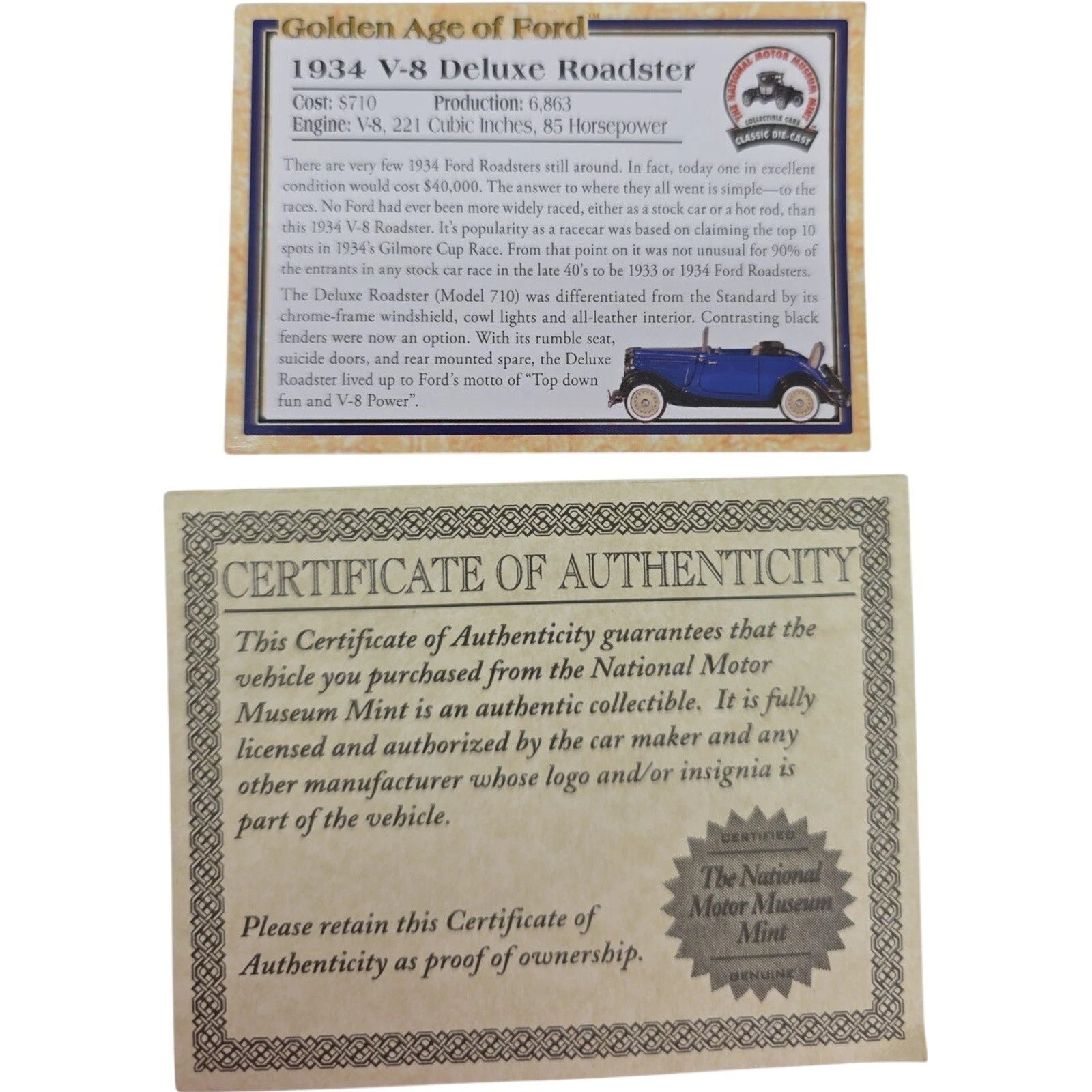 1934 Blue V8 Ford V8 Deluxe Roadster Diecast National Motor Museum Mint