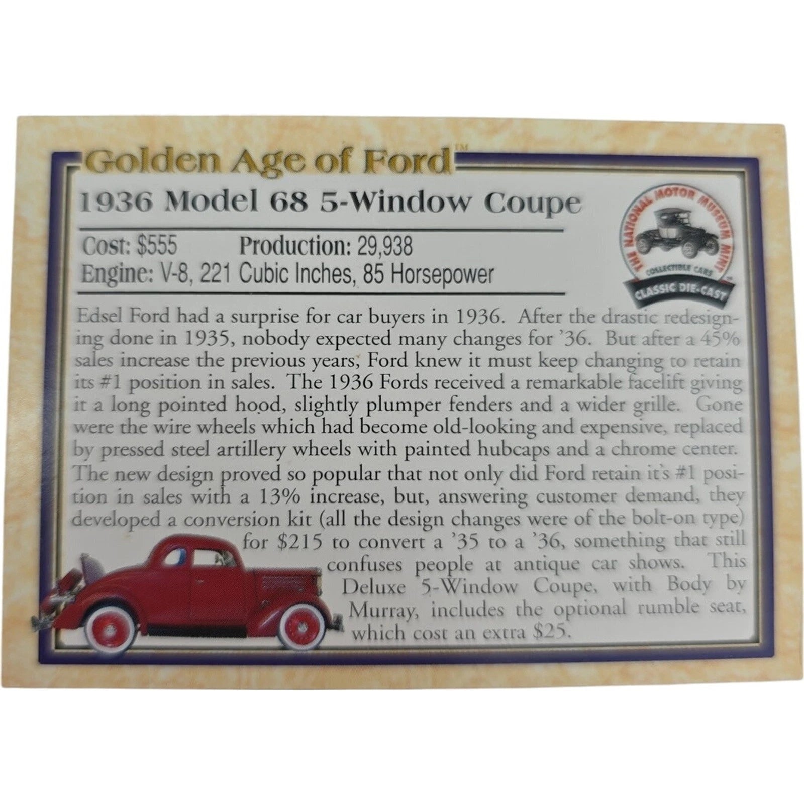 Golden Age of Ford 1936 Model 68 5-Window Coupe Dark Red Collectors Card