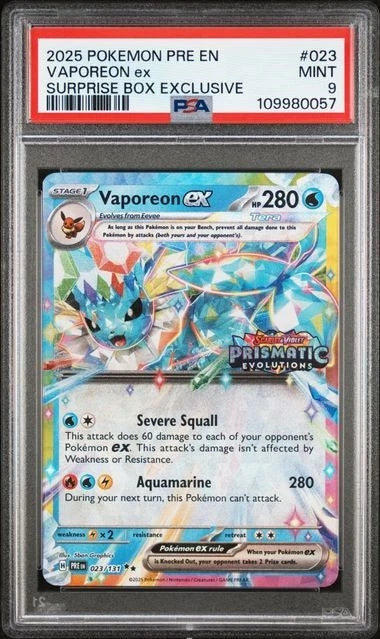 2025 Pokemon Pre En Prismatic Evolution Surprise Box Exclusive Vaporeon Ex PSA 9
