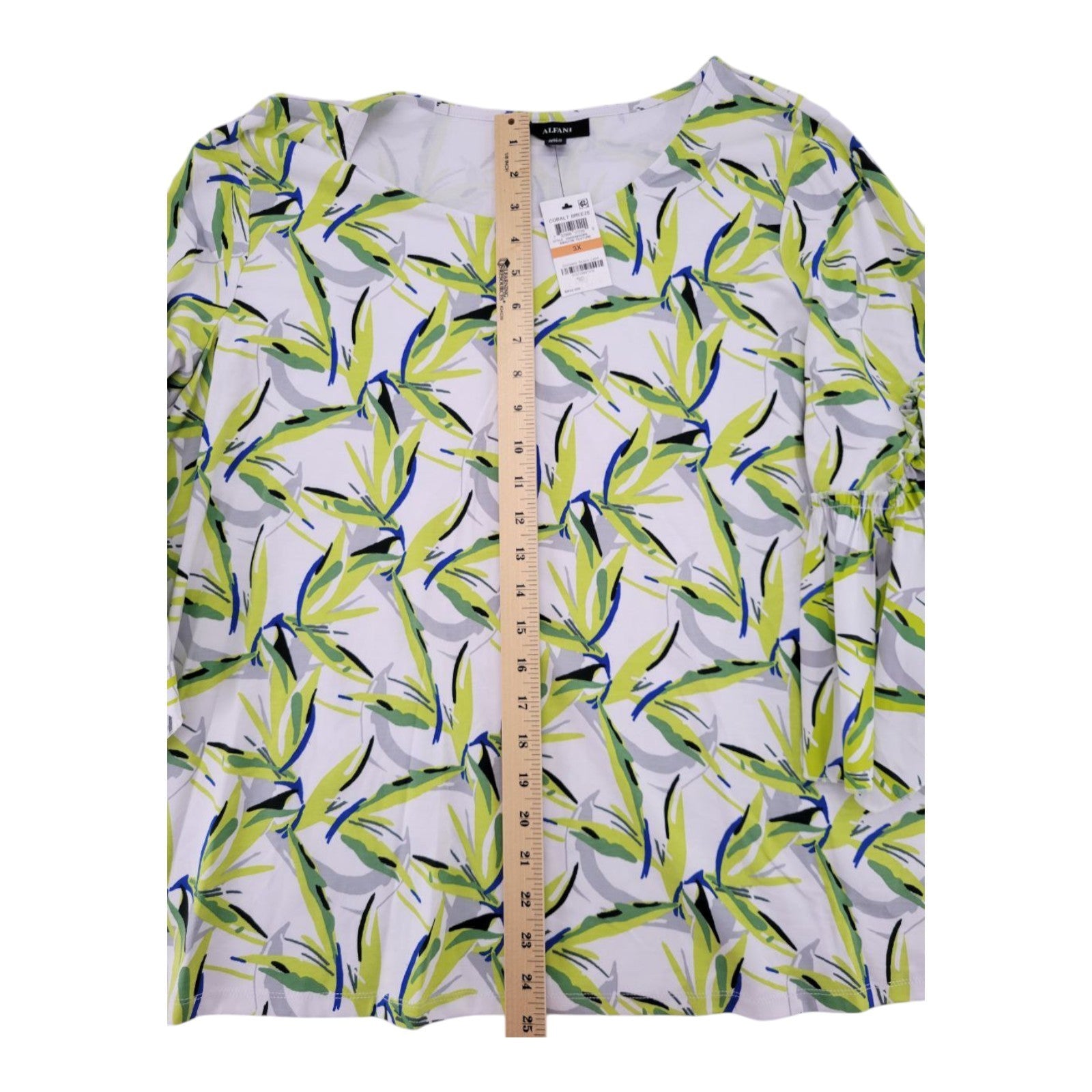 Alfani Plus Women's 3X Leaf Print Blouse Cobalt Breeze Ruffle Sleeve Top