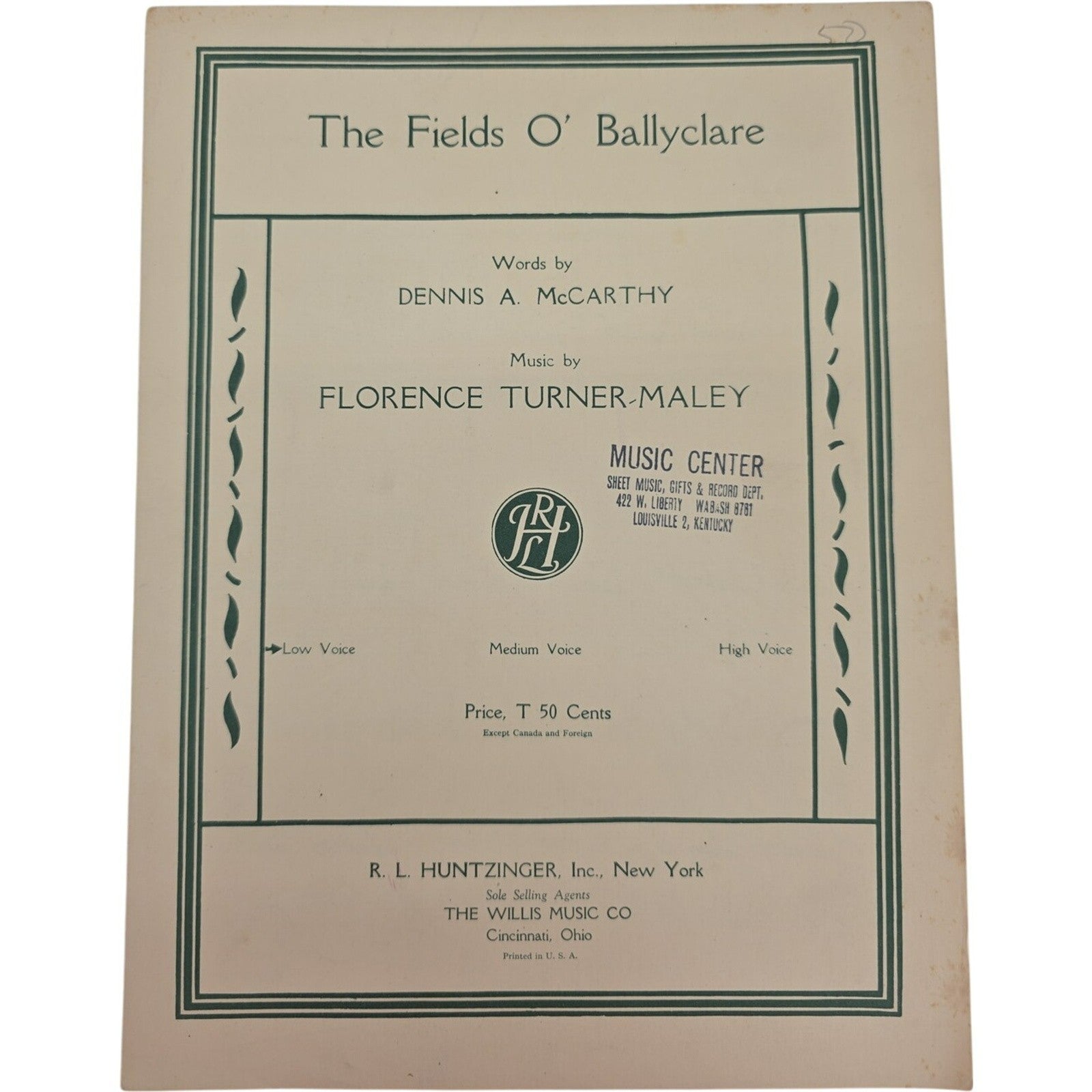 Vintage Sheet Music The Fields O' Ballyclare by Dennis A. McCarthy