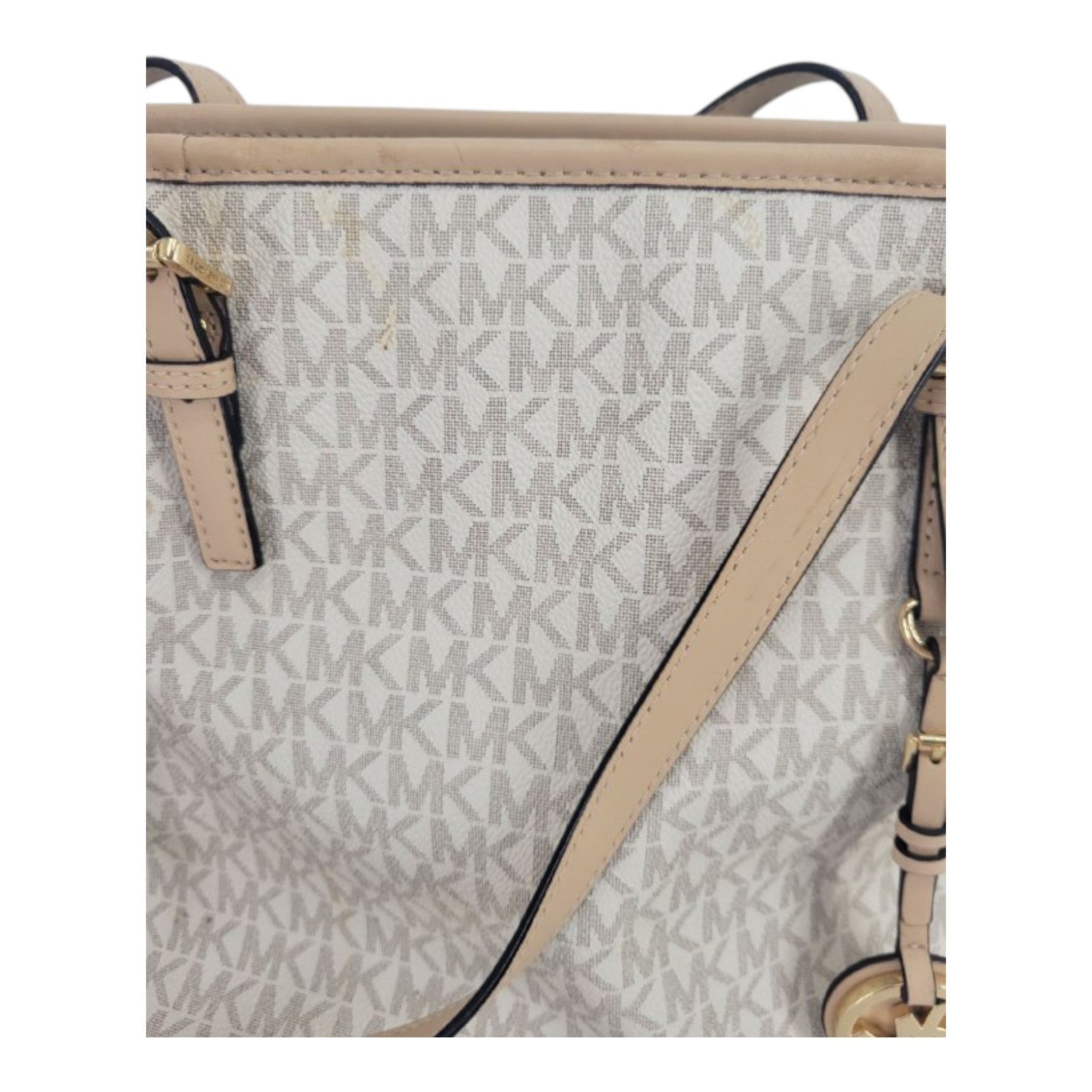 Michael Kors Jet Set Travel Tote Vanilla MK Logo Canvas Leather Gold Charm