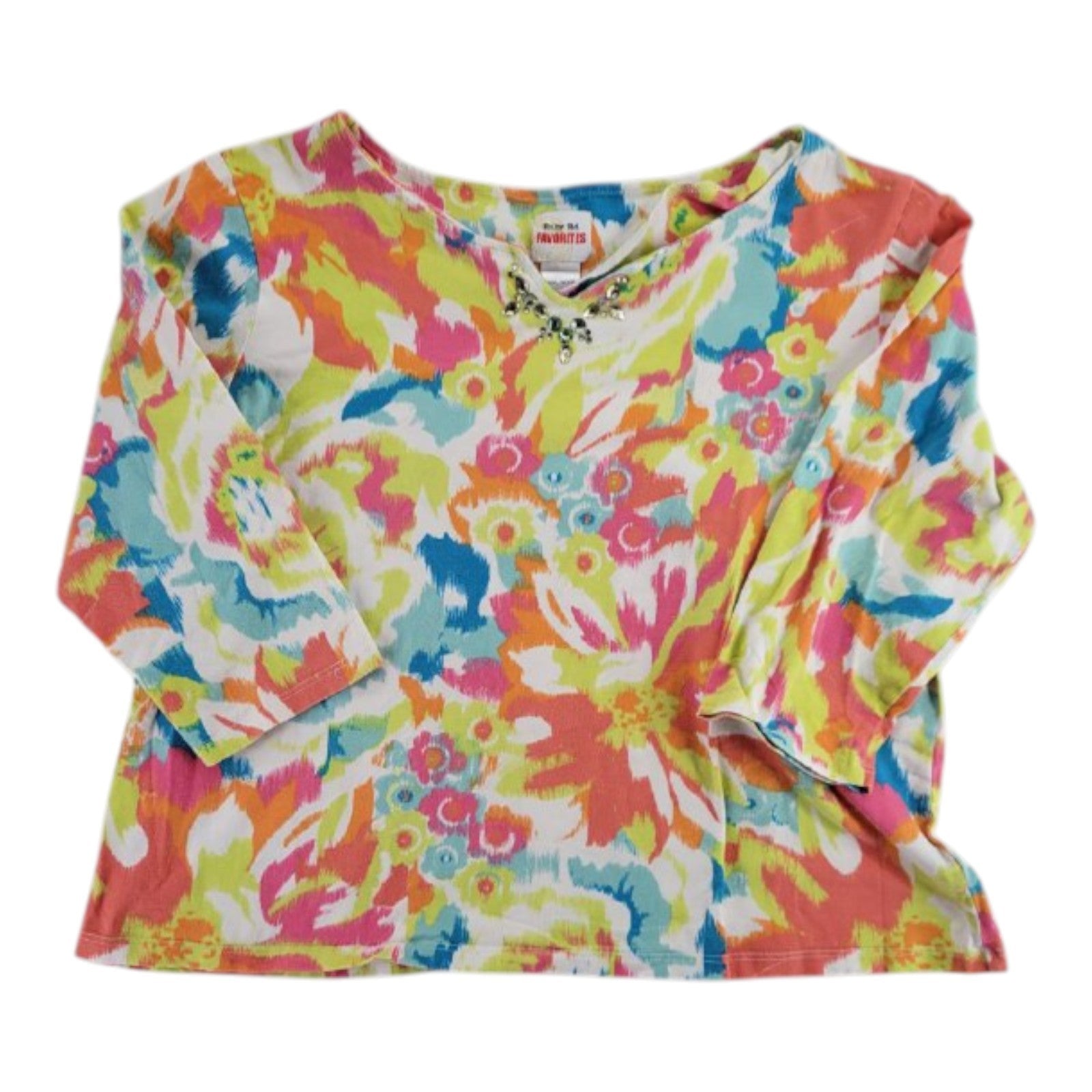 Ruby Rd. Favorites Floral Embellished Top Multicolor 3/4 Sleeve Women's XXL