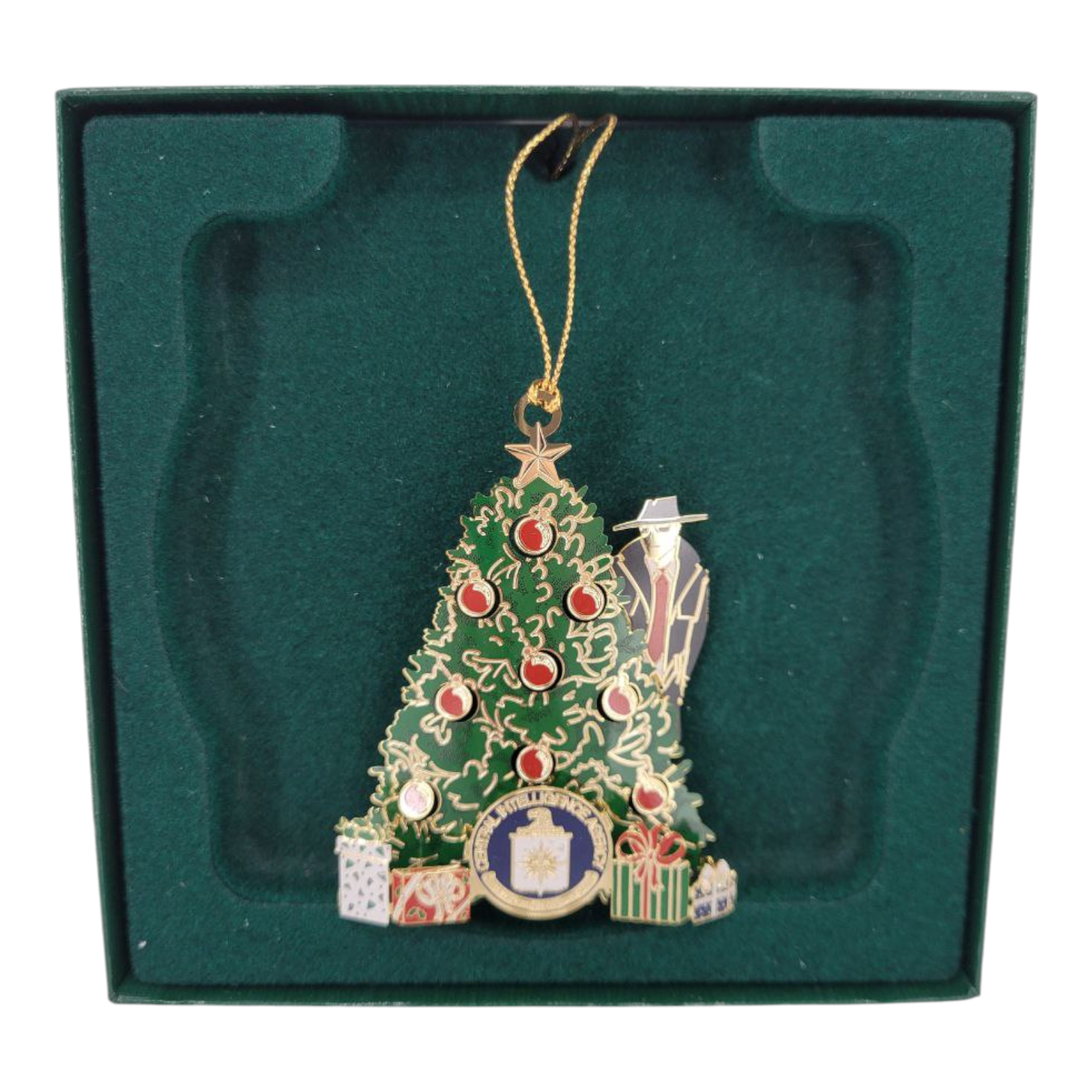 CIA Central Intelligence Agency Christmas Tree Ornament with Box Spy Design