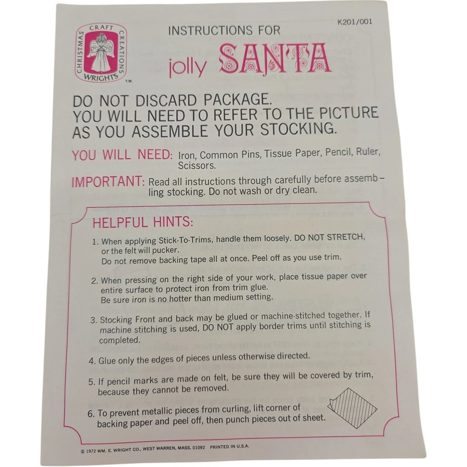 Vintage Unfinished Wright’s Jolly Santa Felt Christmas Stocking Kit K201