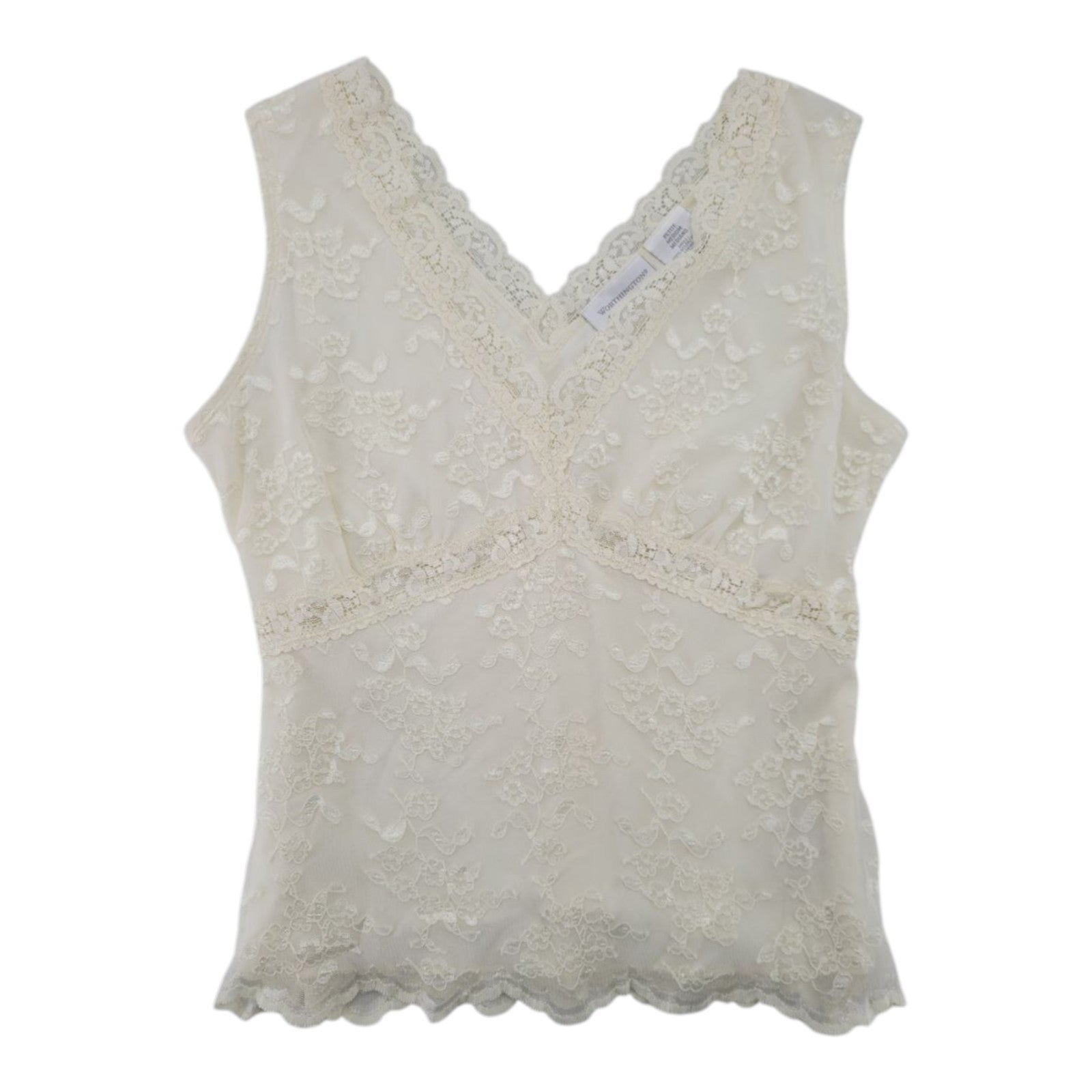 Worthington Women's Ivory Lace Tank Top Sleeveless V-Neck Trim MP