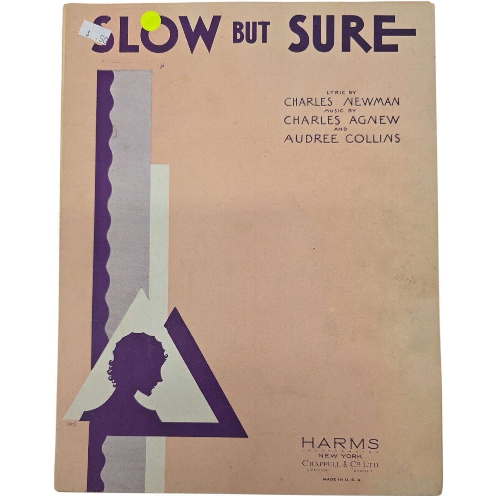Vintage Slow But Sure Sheet Music by Newman, Agnew & Collins Harms Inc. USA