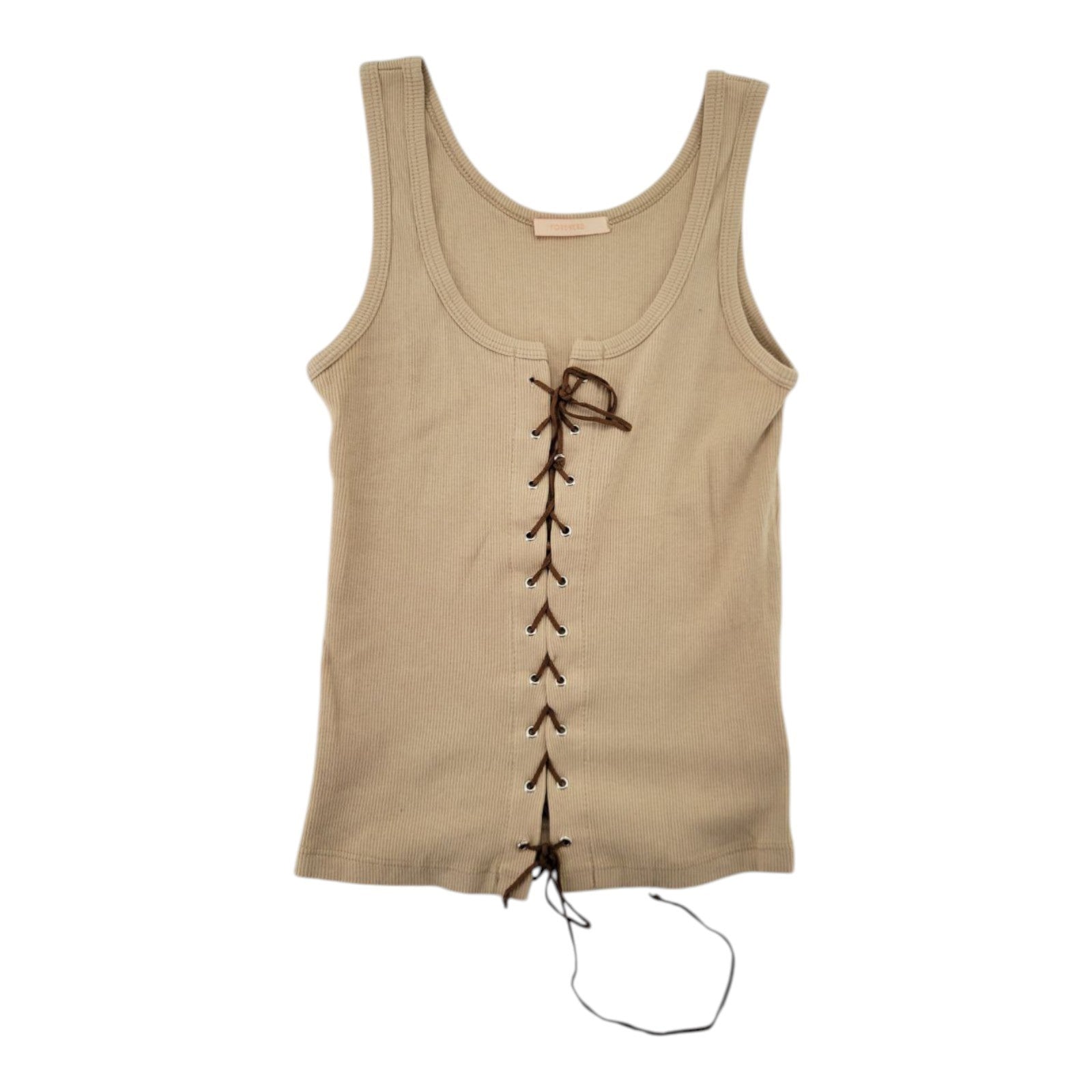 Forever 21 Women's Beige Ribbed Lace-Up Tank Top Sleeveless Fitted Size S