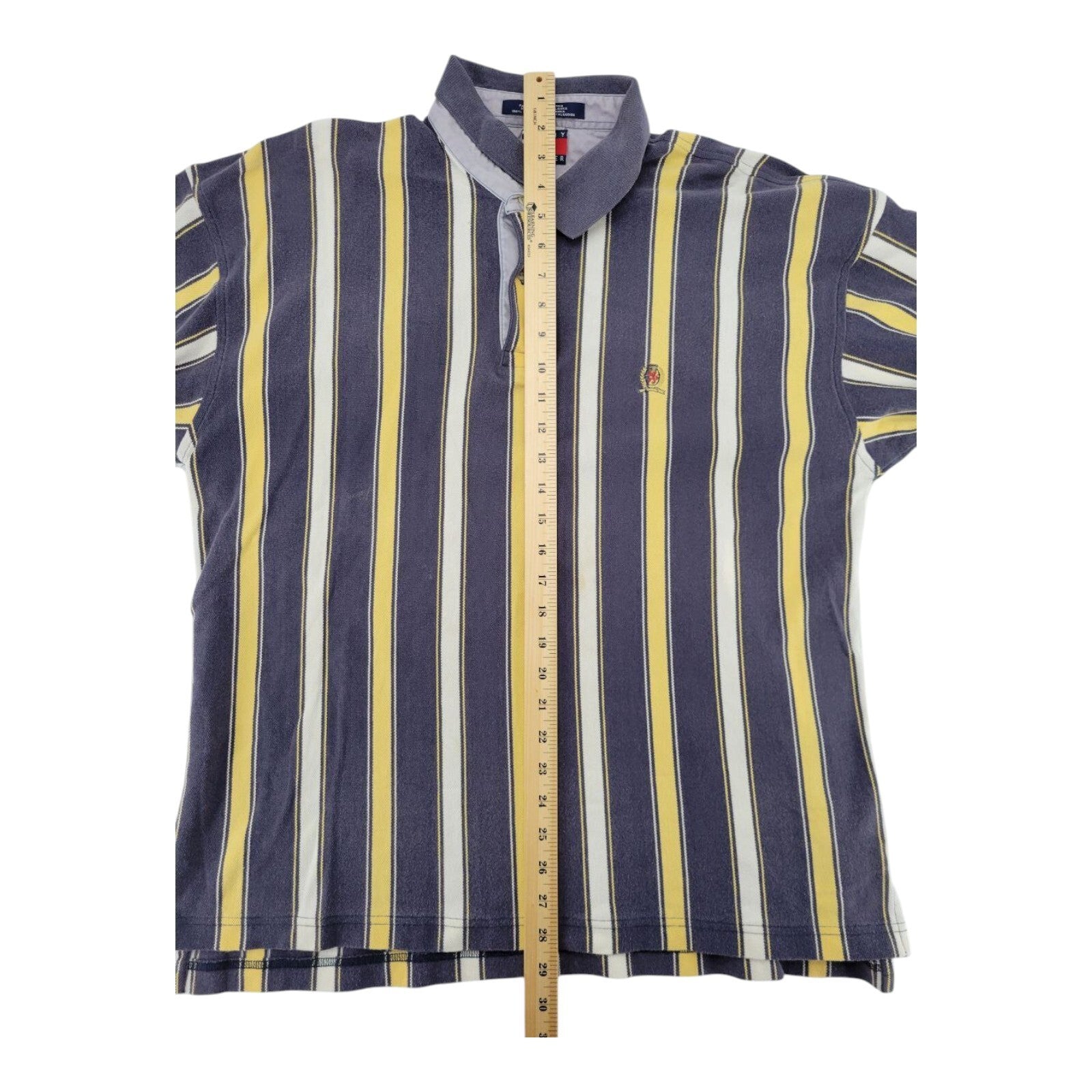 Tommy Hilfiger Polo Shirt Yellow Navy Vertical Stripe Crest Logo Mens Size XL