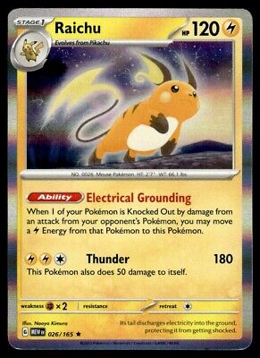 Pokemon 2023 Scarlet & Violet 151 Raichu Rare #26 Near Mint Card