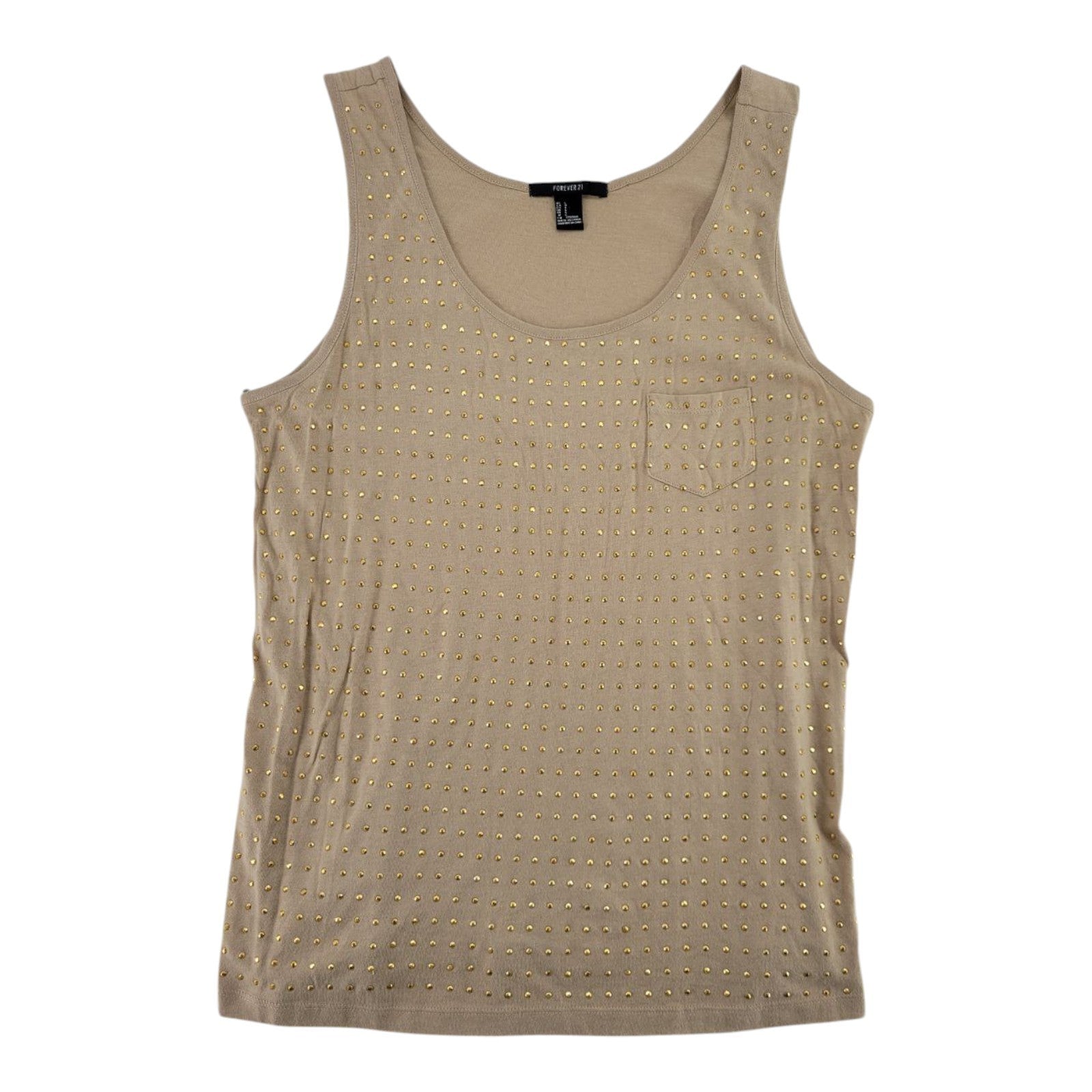 Forever 21 Beige Tank Top Gold Studded Scoop Neck Sleeveless Pocket Size L