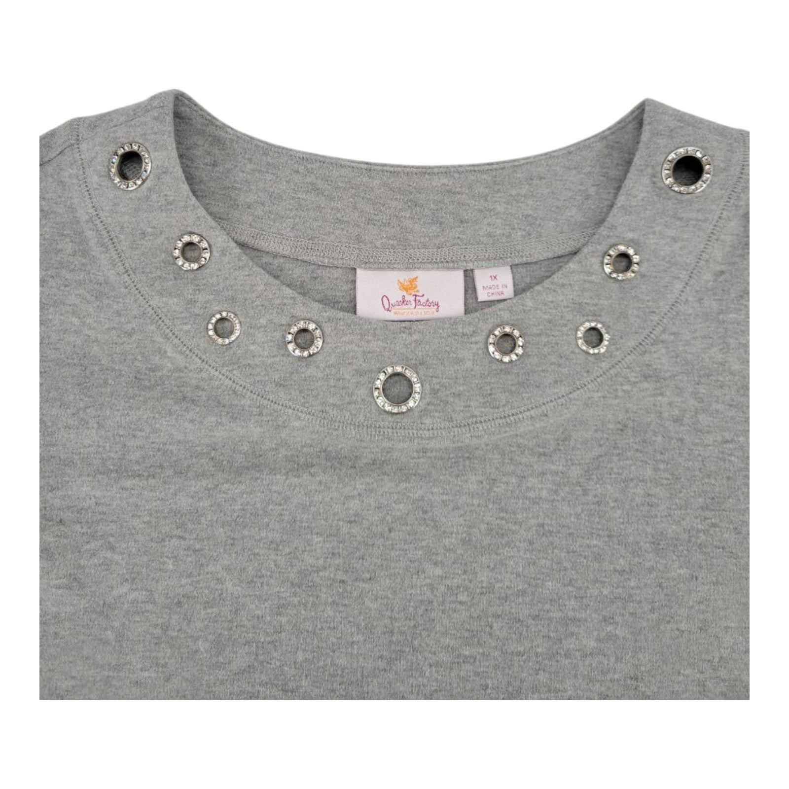Quacker Factory Womens Gray Crystal Embellished Top 3/4 Sleeve Shirt 1X