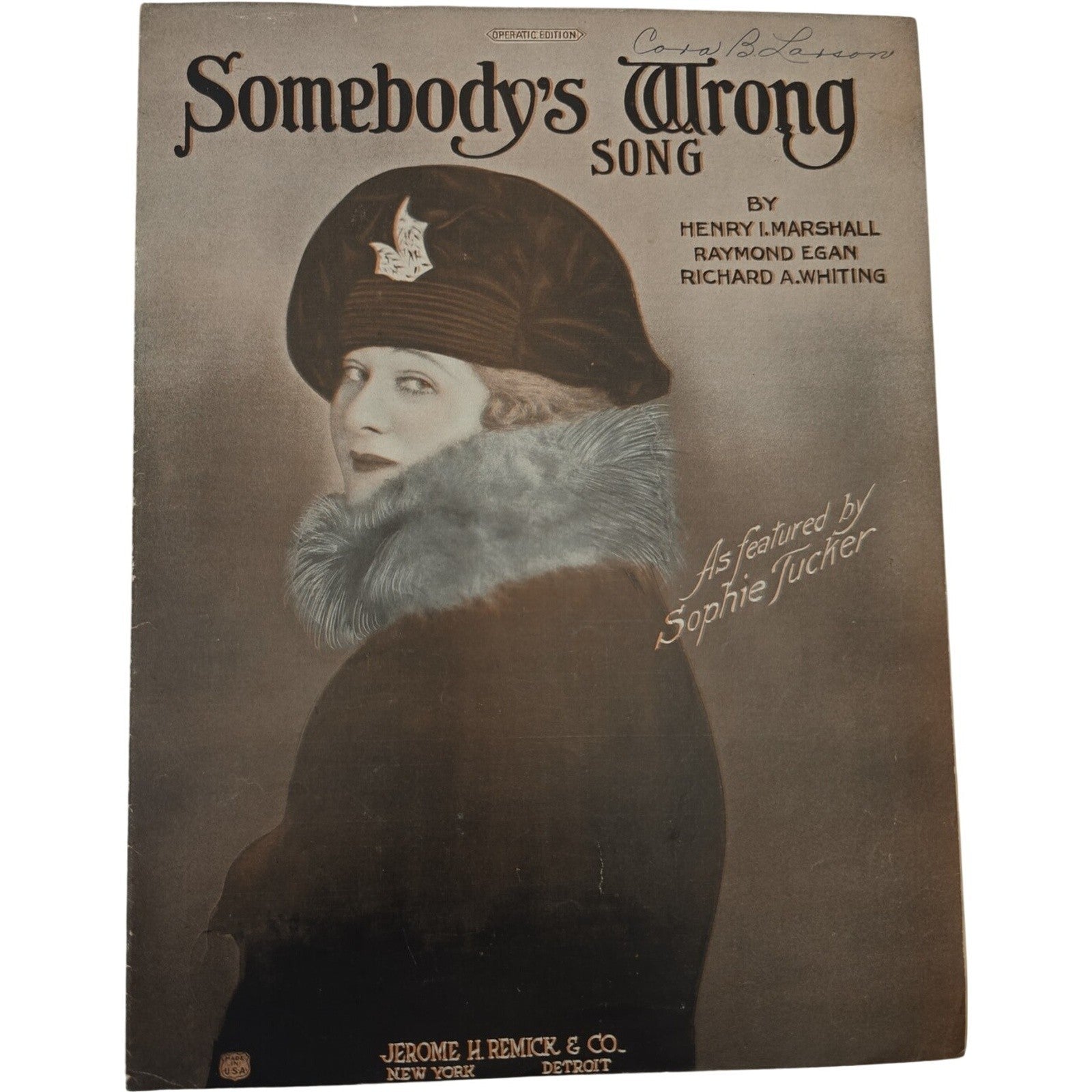 1923 Somebody’s Wrong Song Vintage Sheet Music featured by Sophie Tucker