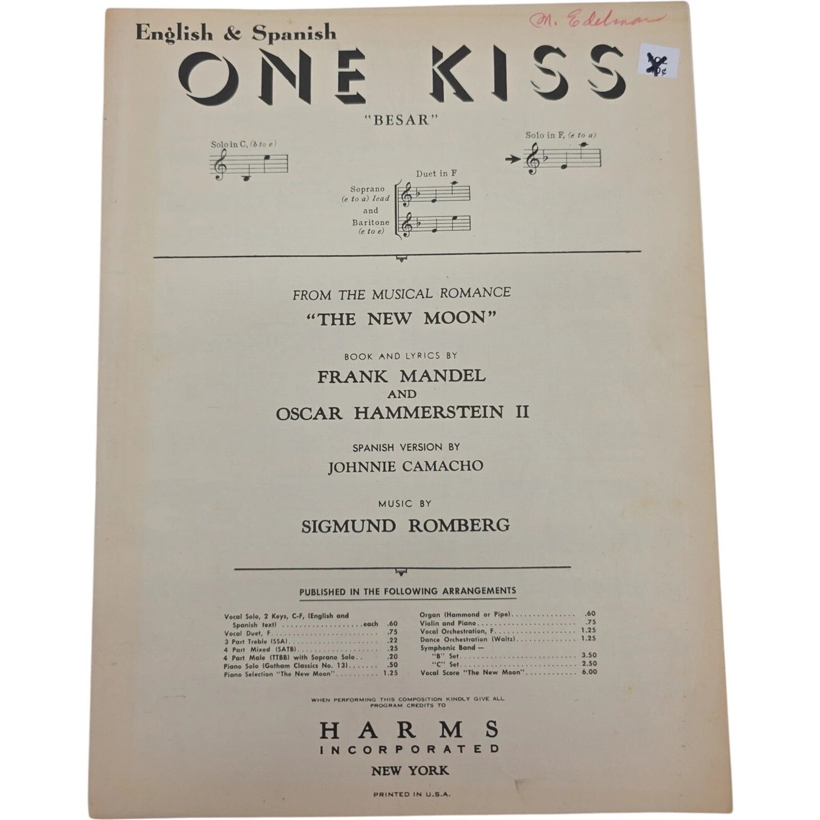 One Kiss Besar Sheet Music English & Spanish from The New Moon Musical