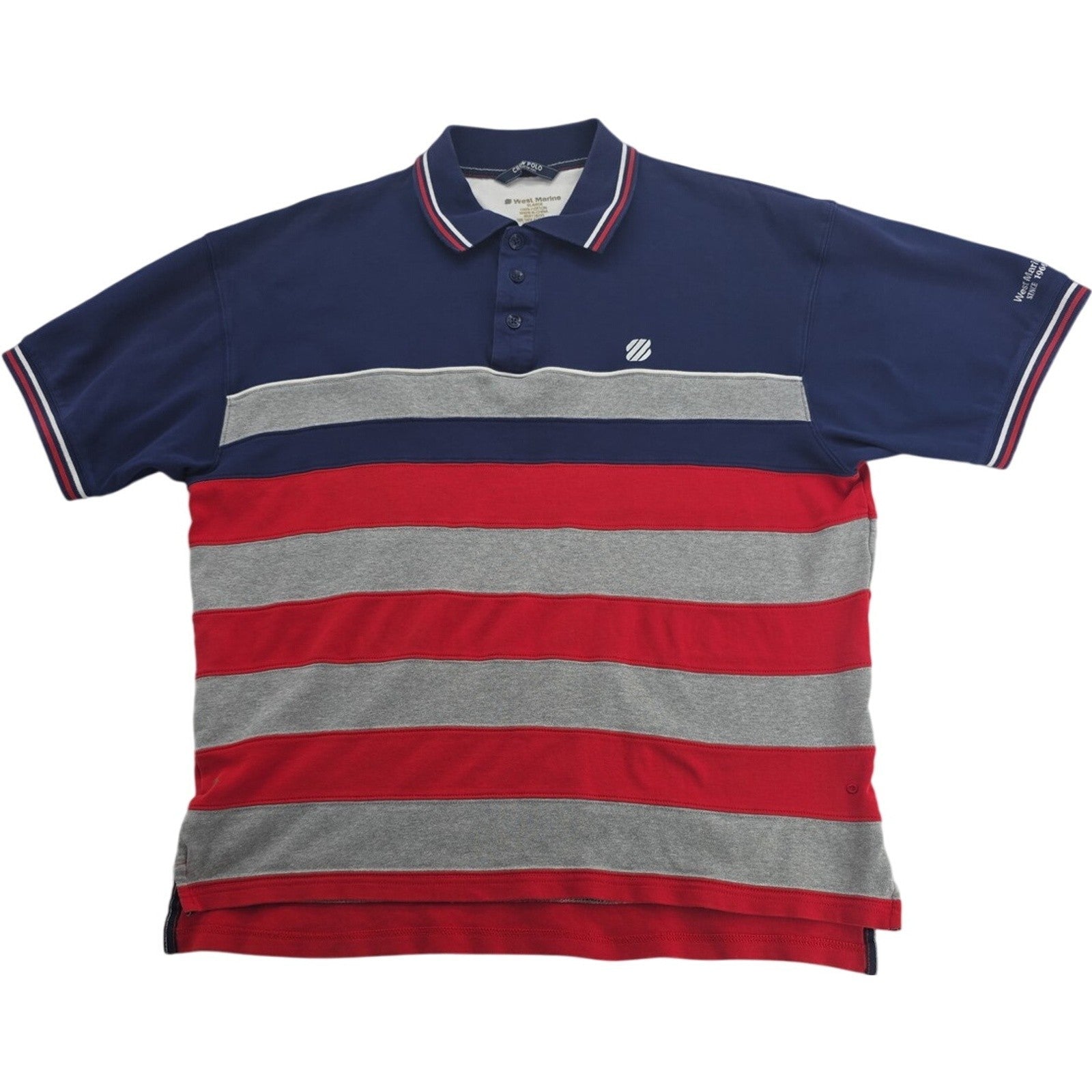West Marine Crew Polo Shirt Navy Red Gray Striped 100% Cotton Short Sleeve XL