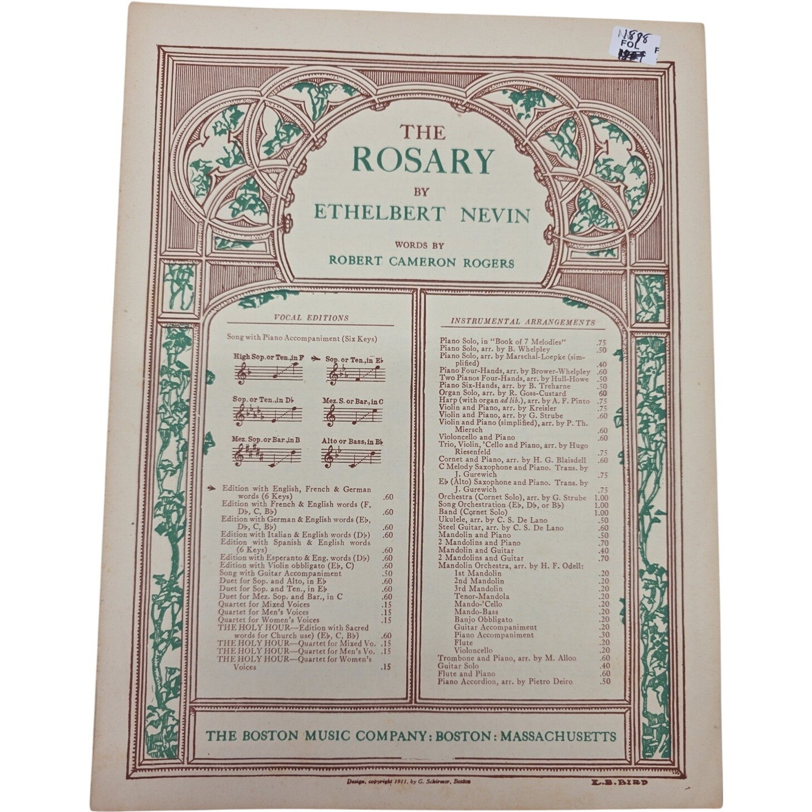 1905 Art Nouveau Cover for The Rosary Sheet Music by Ethelbert Nevin