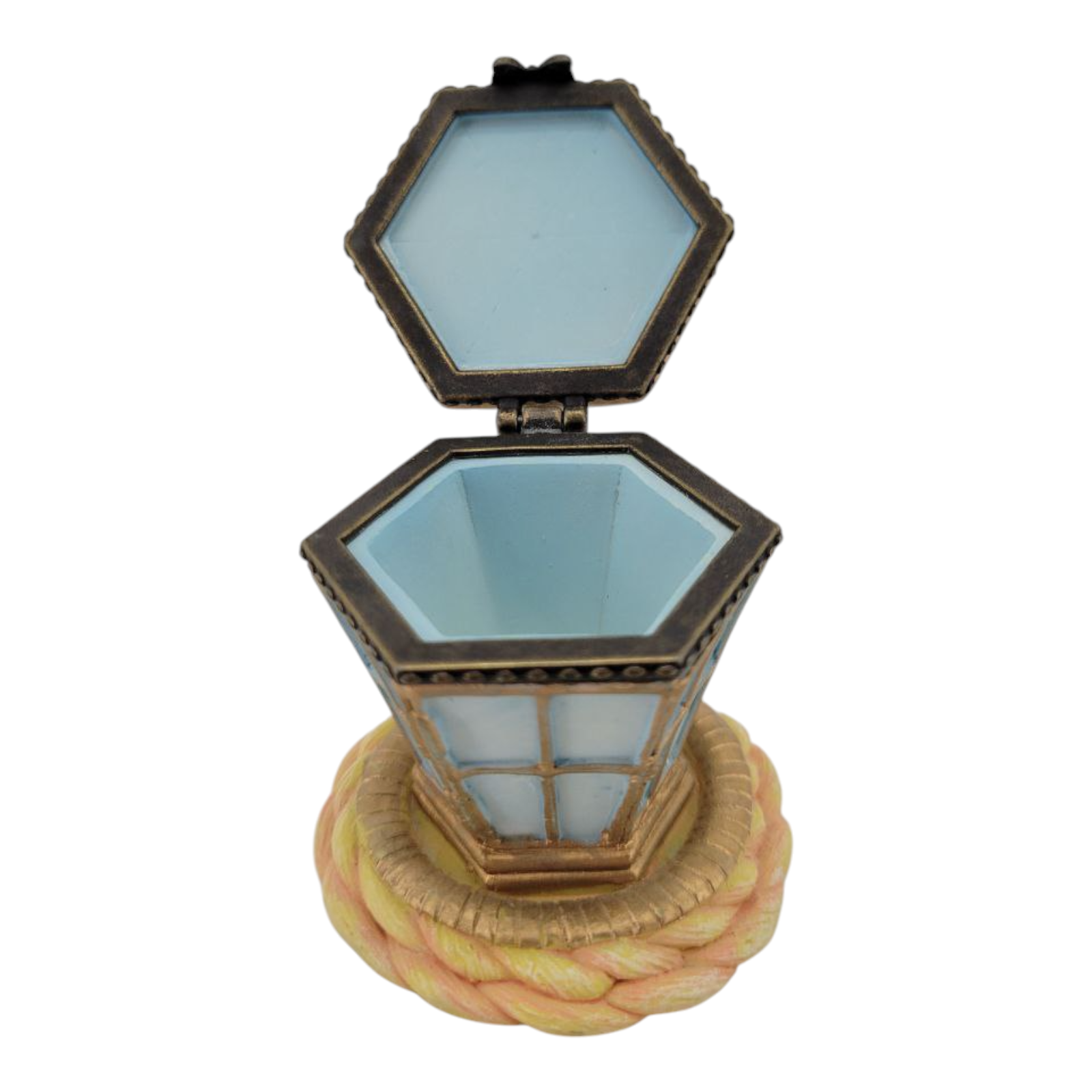 Vintage Lantern Hinged Trinket Box Gold & Blue Porcelain Miniature Collectible