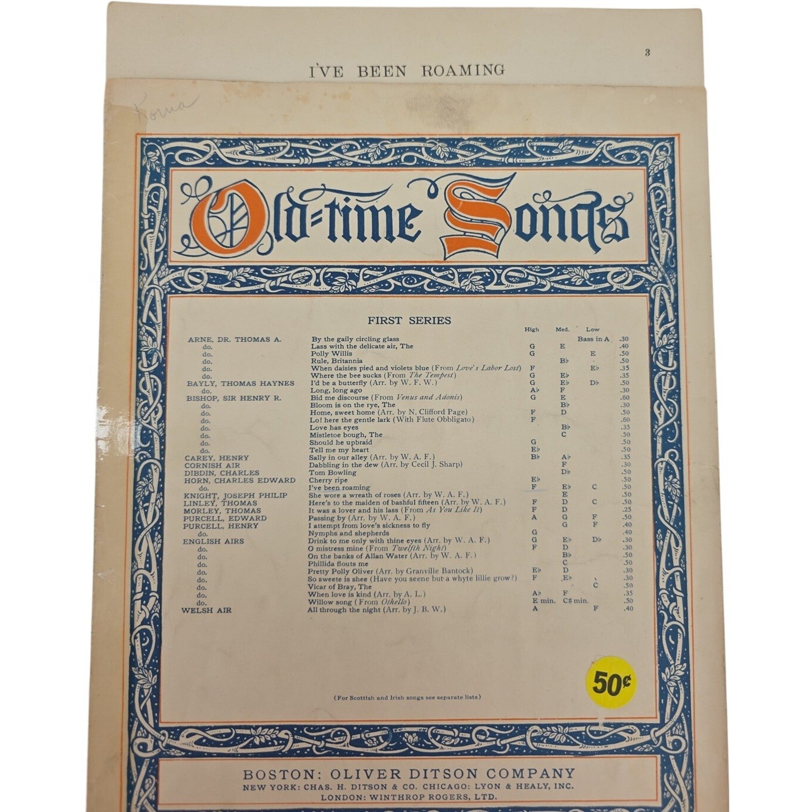 Old-Time Songs First Series I’ve Been Roaming 1912 Vintage Sheet Music