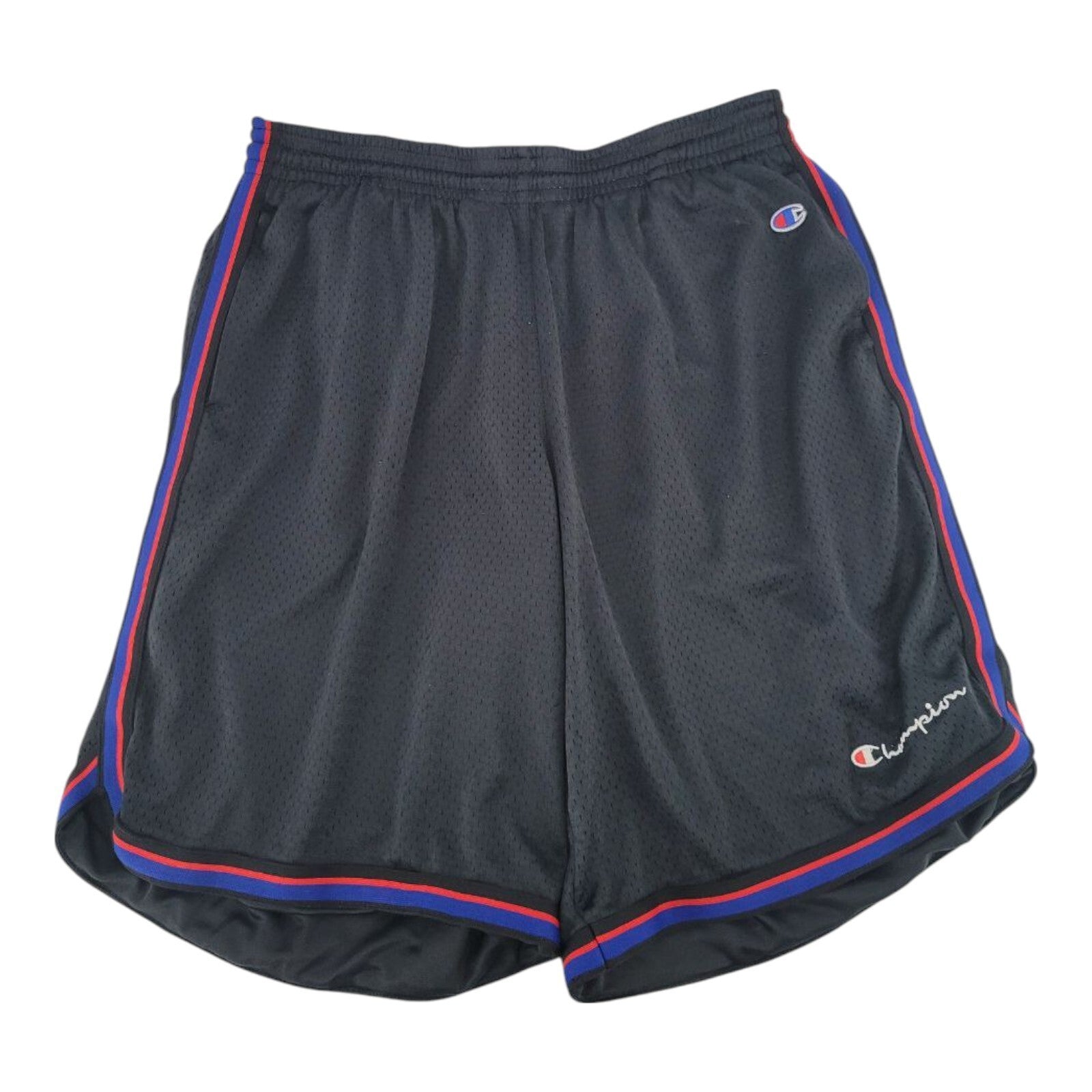 Champion Black Mesh Athletic Shorts Red Blue Trim Elastic Waist Size Large